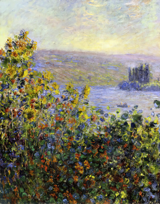 Monet Weeping Willow Print: A Study in Grief, Light, and Late Impressionism - Flowers Beds at Vetheuil by claude monet