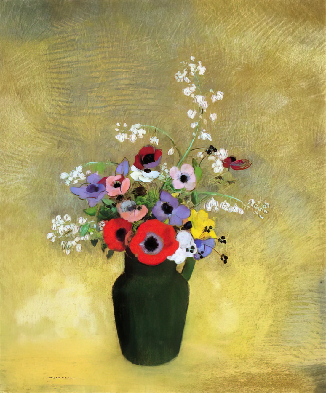 Odilon Redon Reproduction: Capturing the Dreamlike World of a Symbolist Master - FLOWERS IN A GREEN PITCHER by Odilon Redon