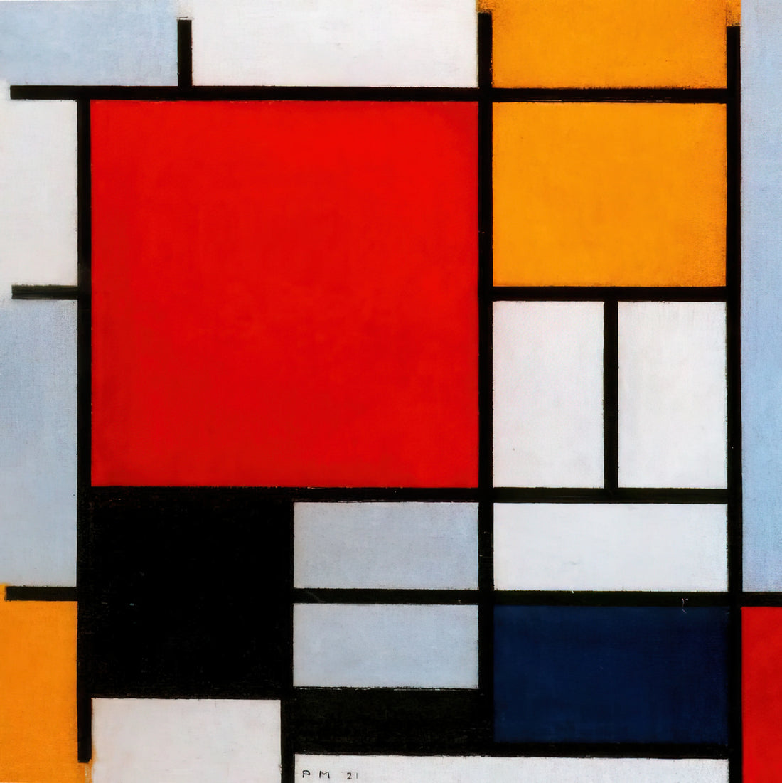 Piet Mondrian Canvas Print: From De Stijl to Modern Decor - Composition with Large Red Plane, Yellow, Black, Gray and Blue by Piet Mondrian