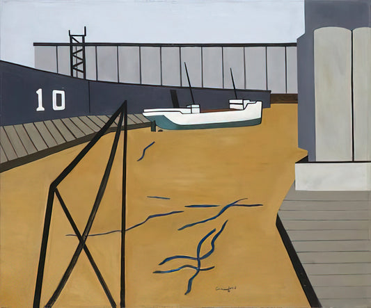 Ralston Crawford Posters: Precisionism, Industrial Beauty, and Collectible Art Prints - Boat and Grain Elevators - 1942 by Ralston Crawford