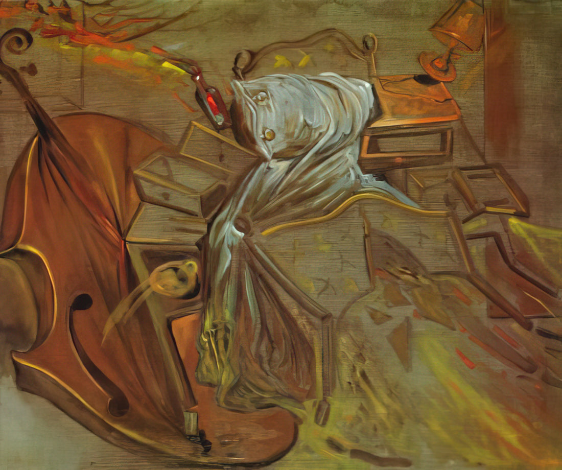 The First Days of Spring by Salvador Dalí: A Surrealist Masterpiece Decoded - BED AND TWO BEDSIDE TABLES FEROCIOUSLY ATTACKING A CELLO by Salvador Dali