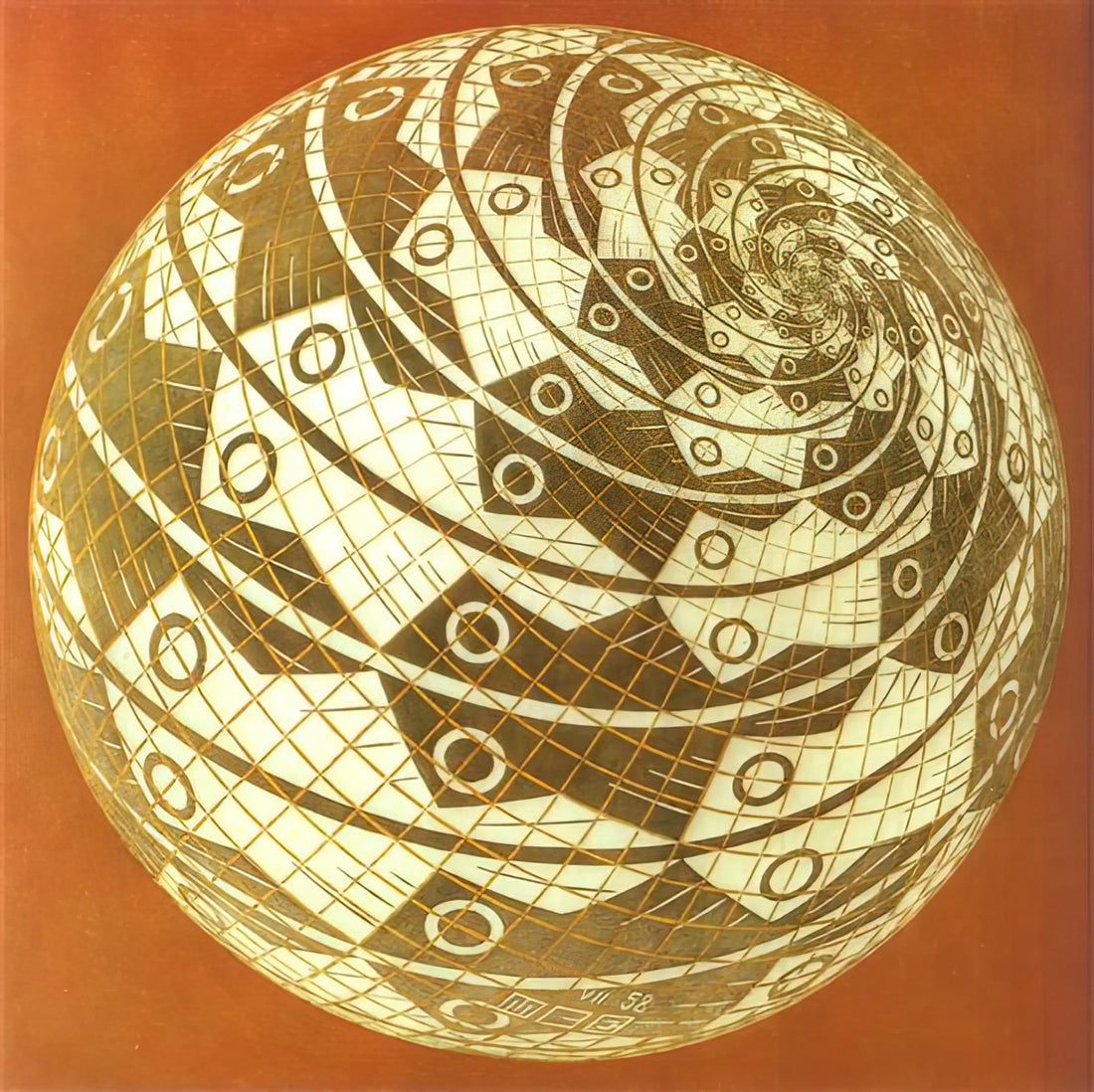 The Mesmerizing World of MC Escher Etchings: Where Mathematics Meets Art - SPHERE SURFACE WITH FISHES COLOUR by MC Escher
