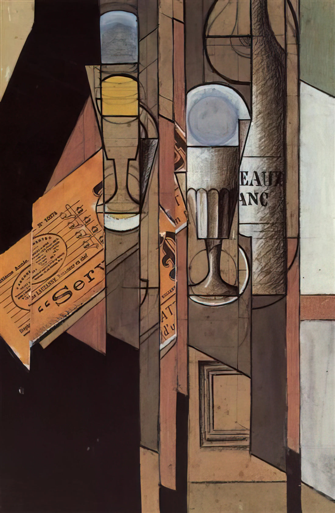 The Musician's Table by Juan Gris: A Cubist Masterpiece of Still Life - GLASSES NEWSPAPER AND BOTTLE OF WINE by Juan Gris