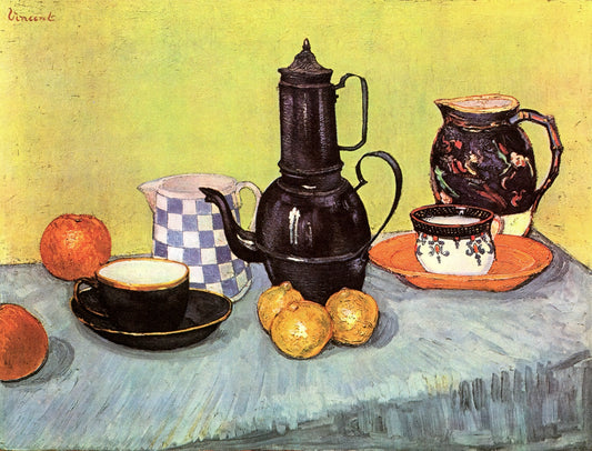 Unpacking the Brilliance of Van Gogh's 12 Sunflowers: A Deep Dive into an Iconic Series - Still Life with Blue Enamel Coffeepot, Earthenware and Fruit by Vincent van Gogh