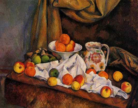 Unpacking the Legacy of Paul Cézanne: The Artist Who Bridged Impressionism and Cubism - Fruit Bowl, Pitcher and Fruit by Paul Cézanne