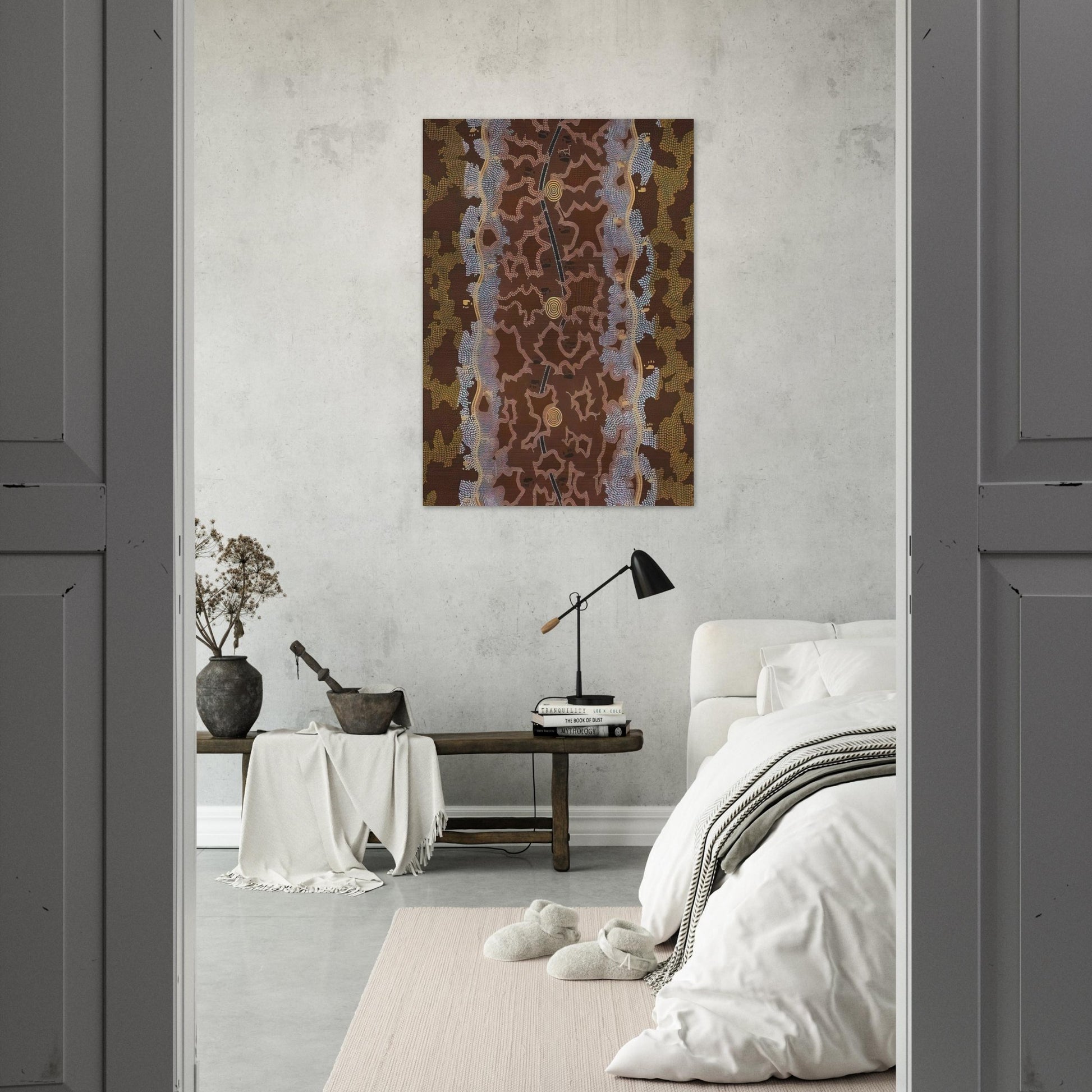 Possum Dreaming at Napperby - 1979 - Clifford Possum Tjapaltjarri Brushed Aluminum Print - 70x100 cm / 28x40 inches | Clifford Possum Tjapaltjarri Aluminum Print | Clifford Possum Tjapaltjarri Prints