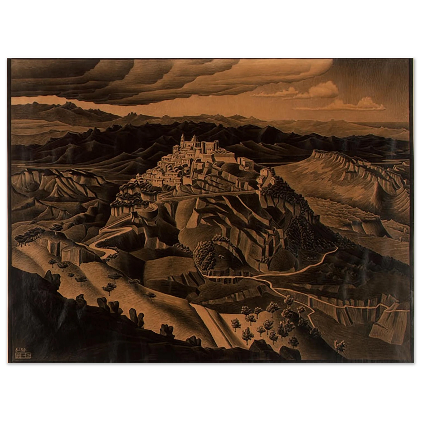 MC Escher - ITALIAN TOWN Wall Art - 30x40 cm / 12x16 inches - Premium Wooden Framed Poster With Fine Art Paper - Wood frame