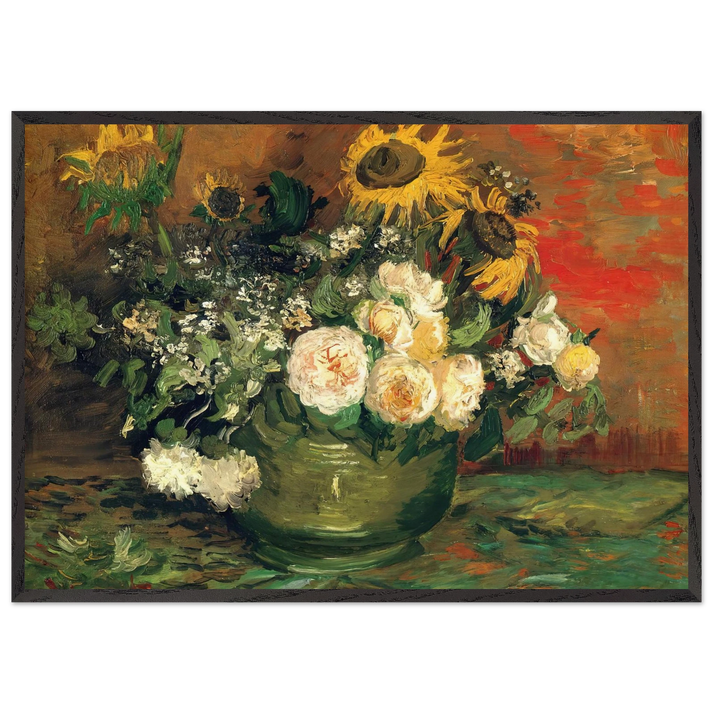 Still Life with Roses and Sunflowers - Vincent van Gogh 70x100 cm / 28x40 inches Framed Art Print – Black Wooden Frame