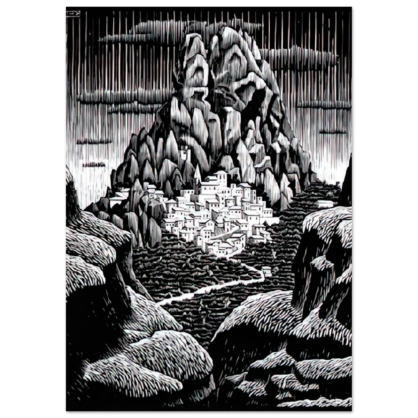 MC Escher - PENTEDATTIO CALABRIA JANUARY 1930 1930 Wall Art - 21x29.7 cm / 8x12" - Premium Wooden Framed Poster With Fine Art Paper - White frame