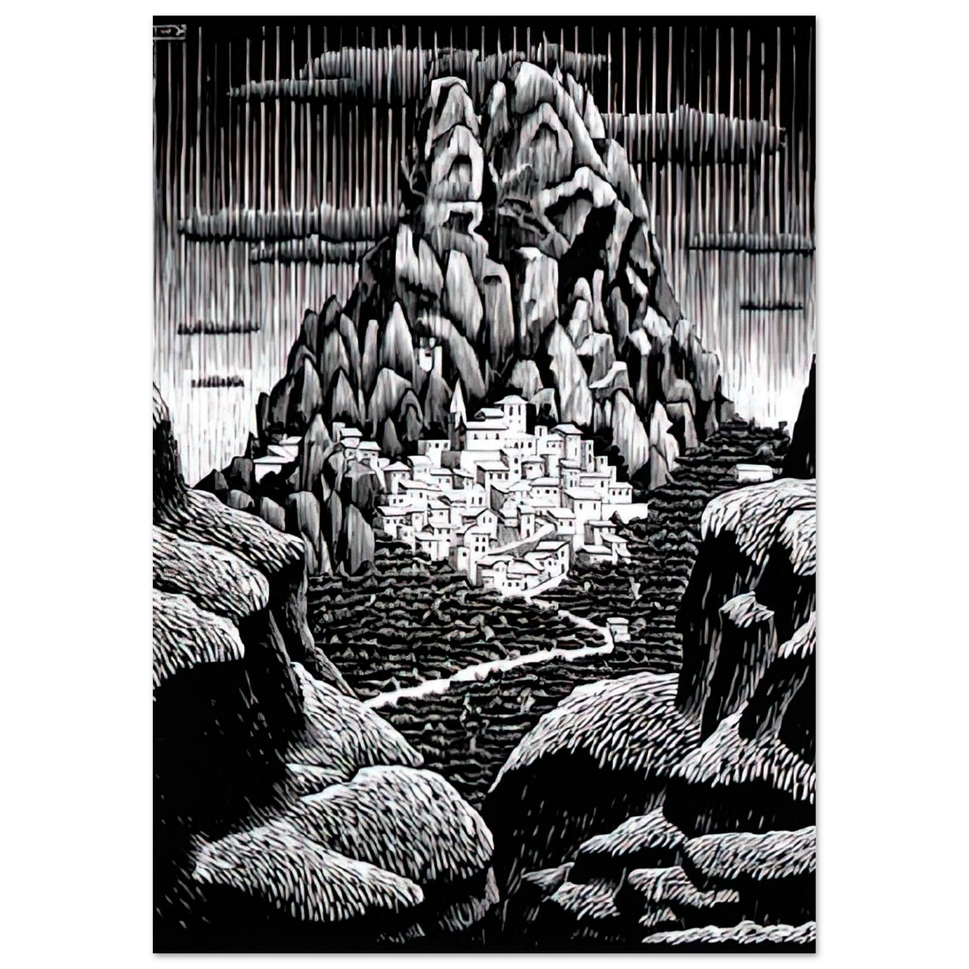 MC Escher - PENTEDATTIO CALABRIA JANUARY 1930 1930 Wall Art - 21x29.7 cm / 8x12" - Premium Wooden Framed Poster With Fine Art Paper - White frame