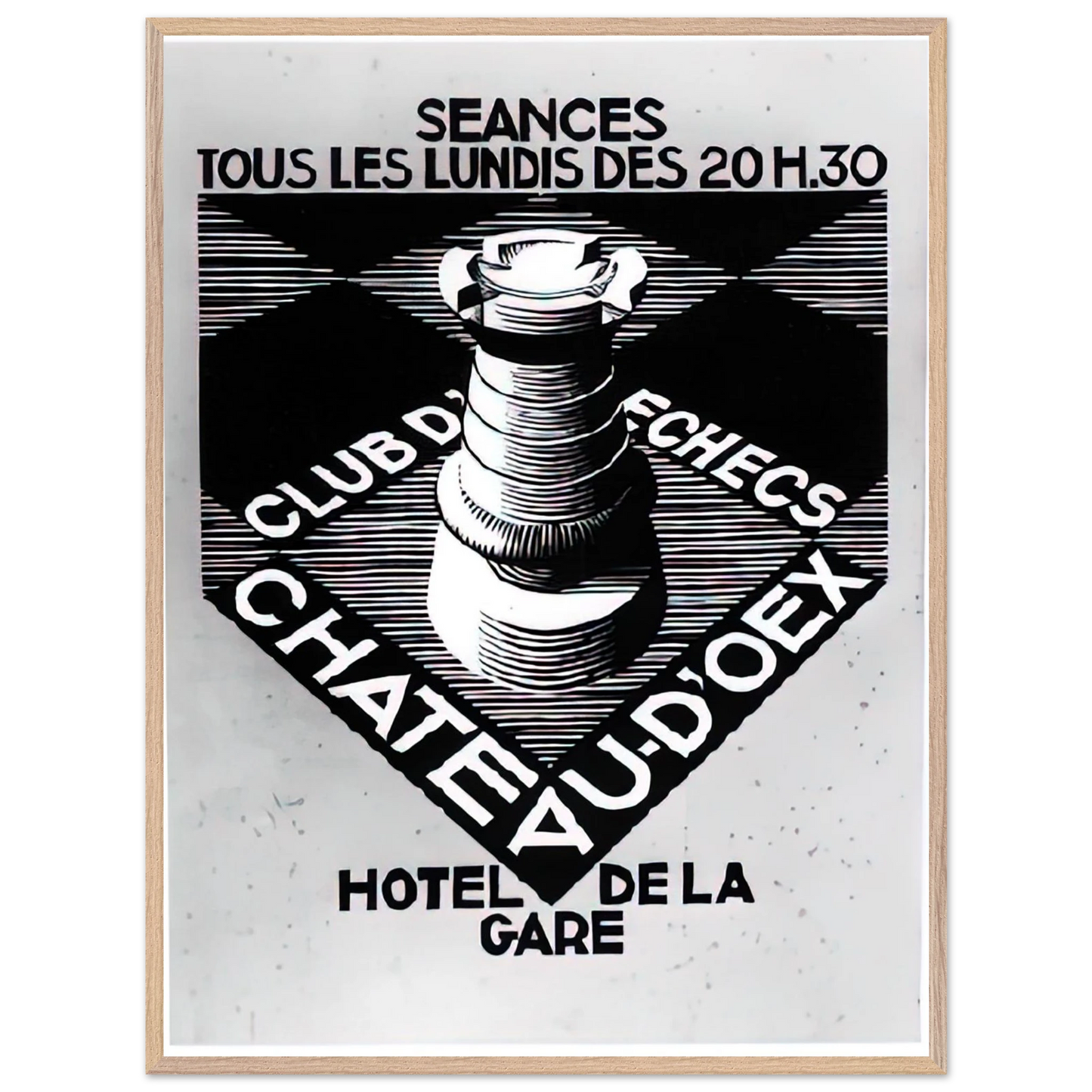 MC Escher - ADVERTISEMENT CHESS CLUB CHATEAU DOEX JULY 1936 1936 Wall Art - 21x29.7 cm / 8x12" - Premium Wooden Framed Poster With Fine Art Paper - Black frame