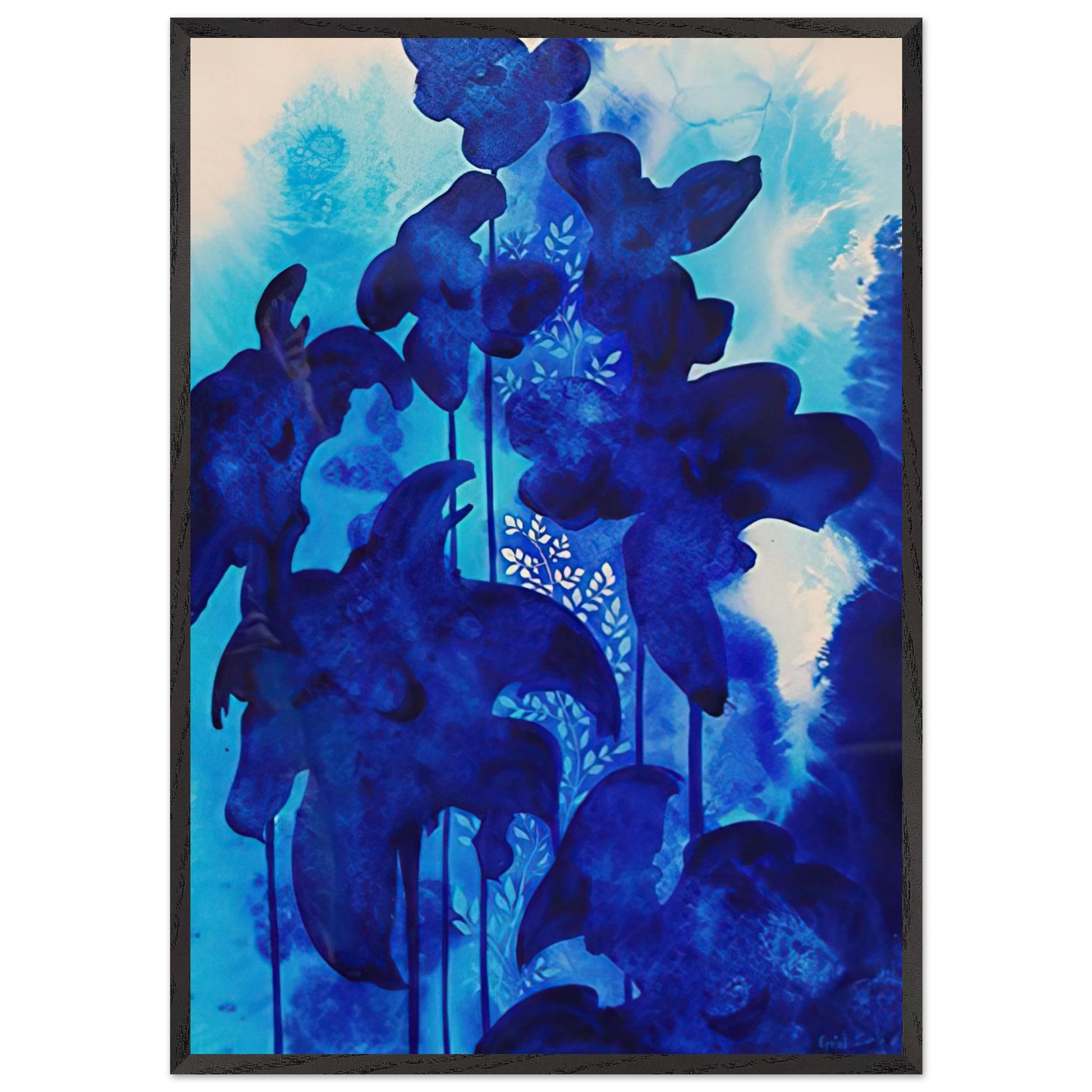 Blue Floral - Eyvind Earle Framed Art Print – Black Wooden Frame - Default Title - -Framed Art Print