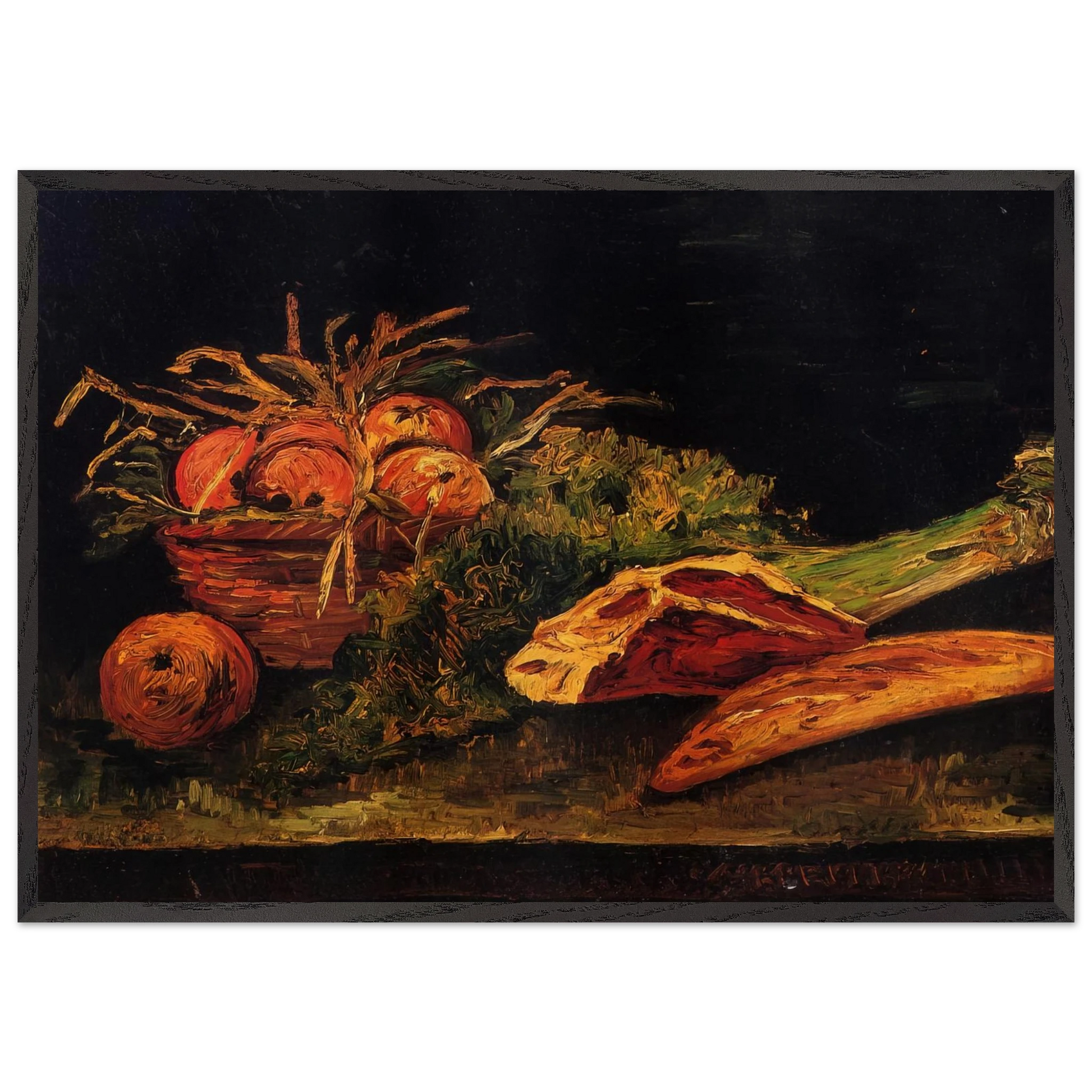 Still Life with Apples Meat and a Roll - Vincent van Gogh Framed Art Print – Black Wooden Frame - Default Title - -Framed Art Print