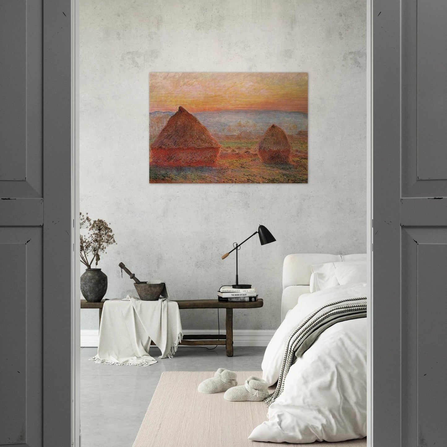 Grainstacks at Giverny, Sunset - claude monet Brushed Aluminum Print - 70x100 cm / 28x40 inches | claude monet Aluminum Print | claude monet Prints