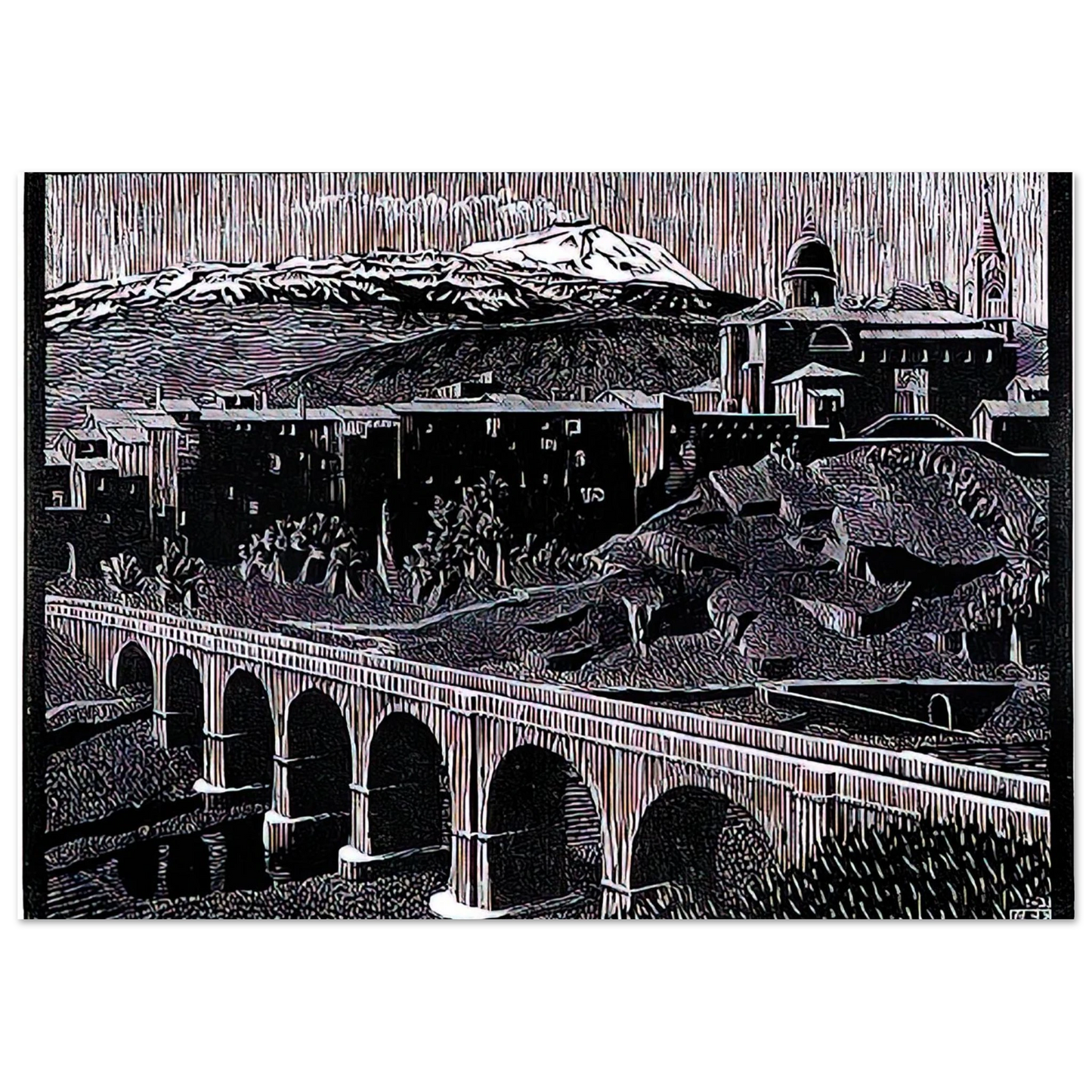 MC Escher - RANDAZZO AND MOUNT ETNA SICILY JANUARY 1933 1933 Wall Art - 60x80 cm / 24x32 inches - Premium Wooden Framed Poster With Fine Art Paper - Wood frame