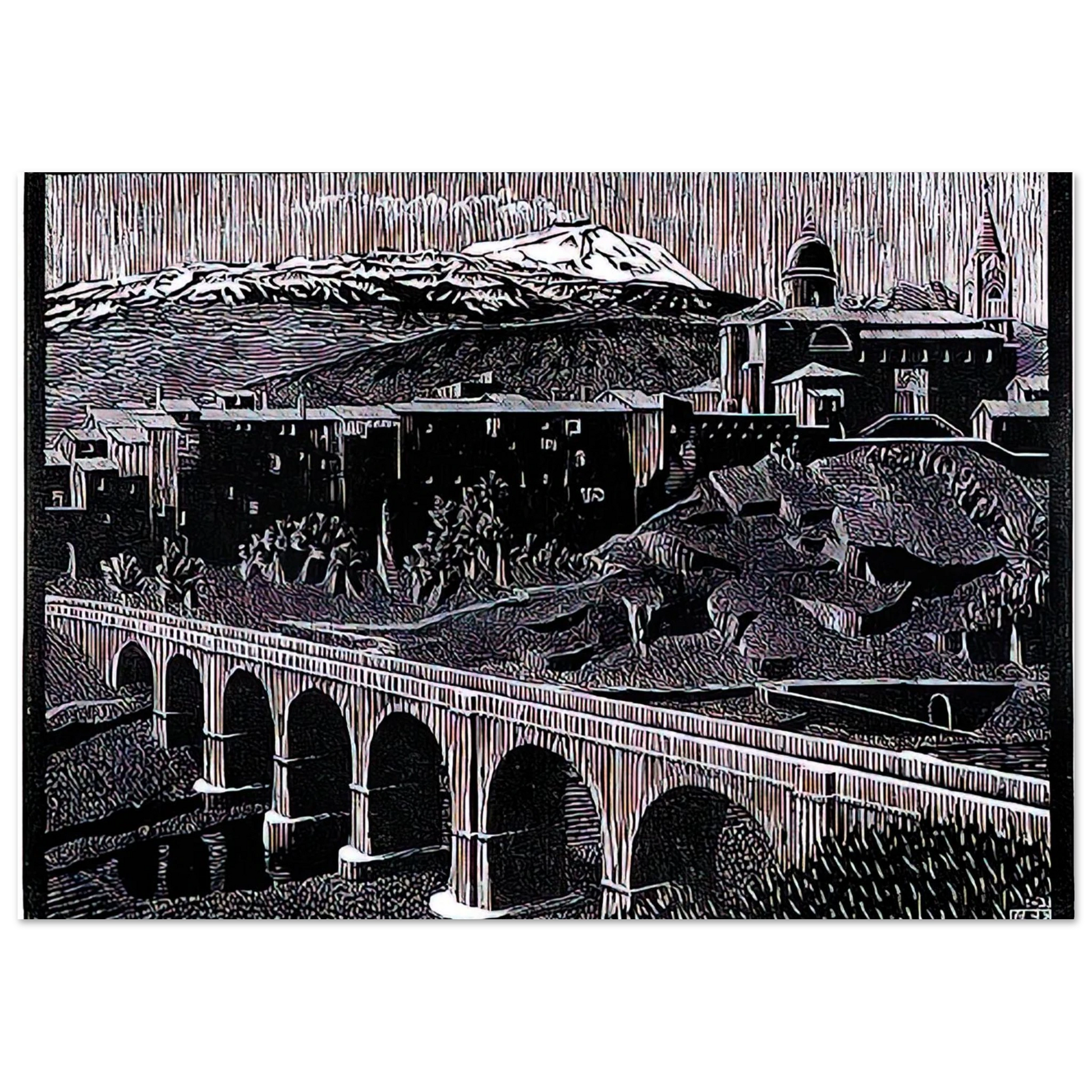 MC Escher - RANDAZZO AND MOUNT ETNA SICILY JANUARY 1933 1933 Wall Art - 60x80 cm / 24x32 inches - Premium Wooden Framed Poster With Fine Art Paper - Wood frame