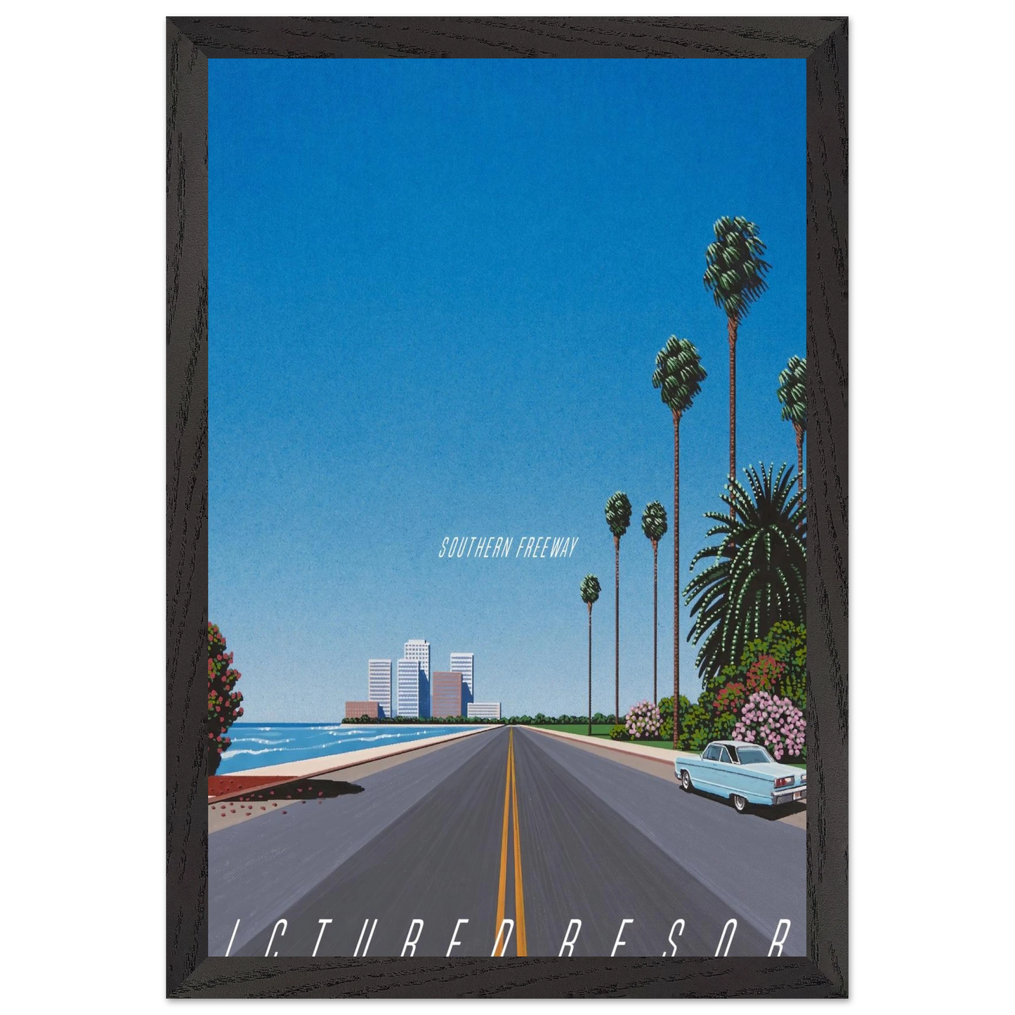 Hiroshi Nagai - Southern Freeway Pictured Resort Wall Art - 60x80 cm / 24x32 inches - Premium Wooden Framed Poster With Fine Art Paper - White frame