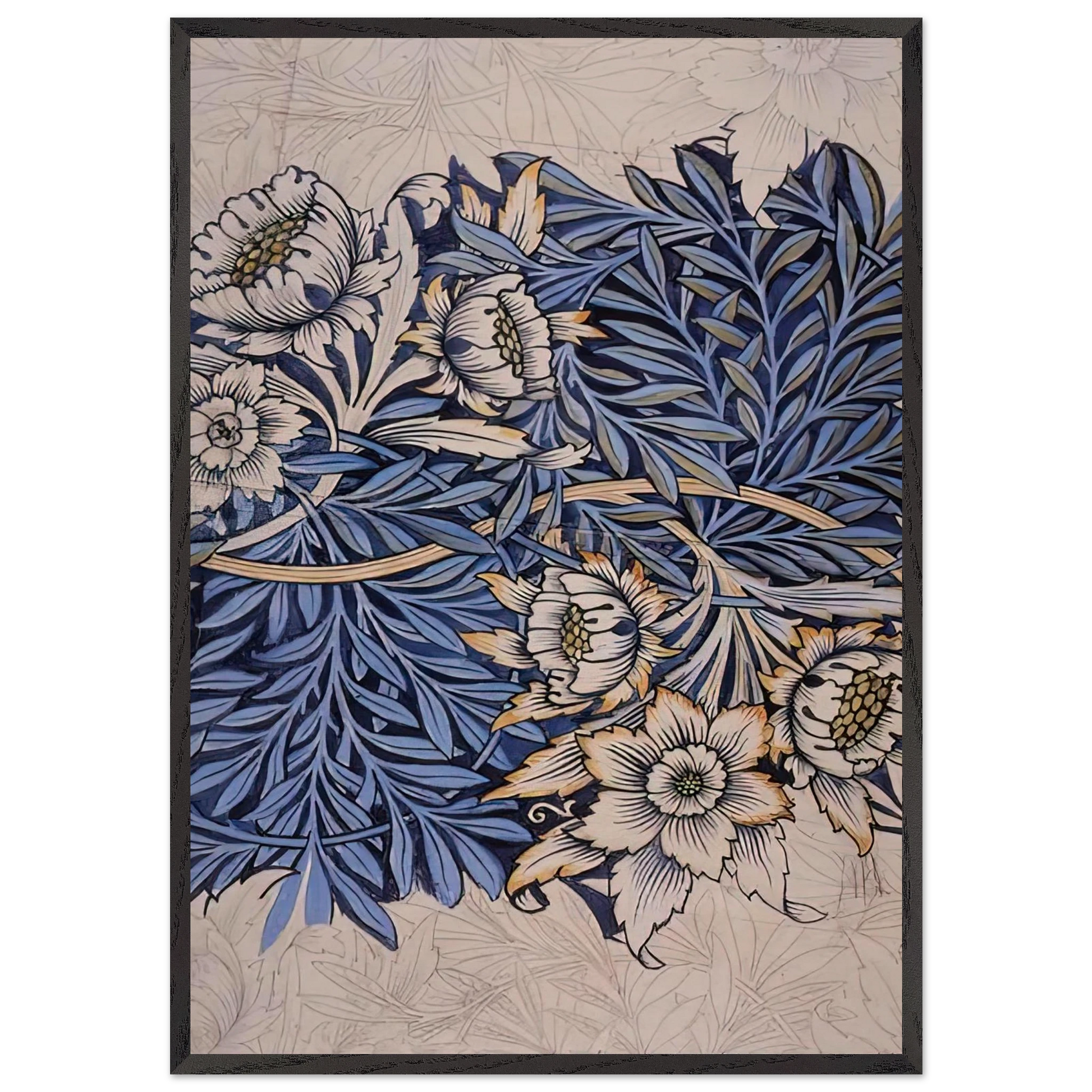 DESIGN FOR TULIP AND WILLOW INDIGO DISCHARGE WOOD BLOCK PRINTED FABRIC 1873 - William Morris Framed Art Print – Black Wooden Frame - Default Title - -Framed Art Print