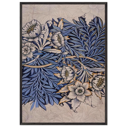 DESIGN FOR TULIP AND WILLOW INDIGO DISCHARGE WOOD BLOCK PRINTED FABRIC 1873 - William Morris Framed Art Print – Black Wooden Frame - Default Title - -Framed Art Print