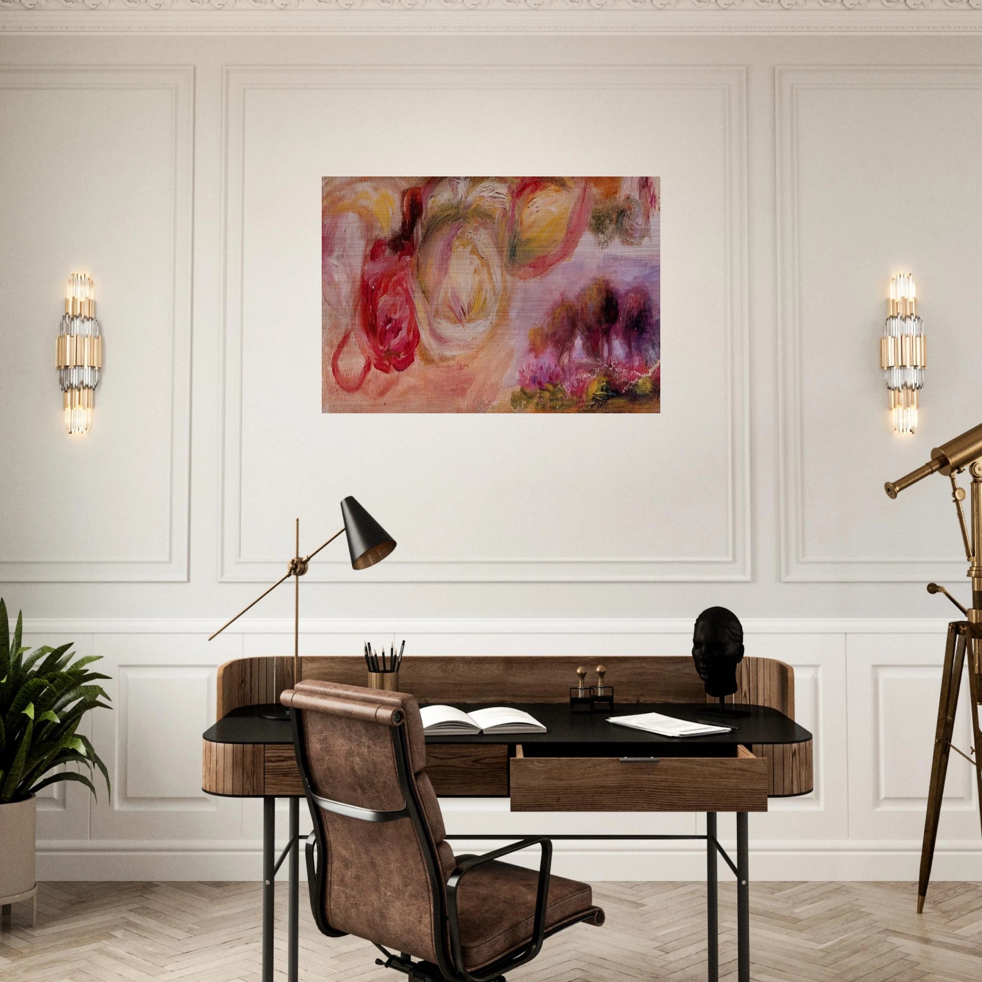 Roses with a Landscape - Pierre-Auguste Renoir Brushed Aluminum Print - 70x100 cm / 28x40 inches | Pierre-Auguste Renoir Aluminum Print | Pierre-Auguste Renoir Prints