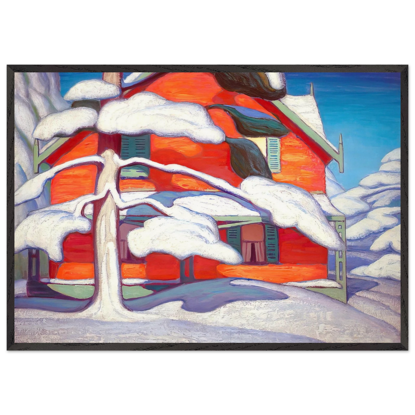 Pine Tree and Red House Winter City - 1924 - Lawren Harris Framed Art Print – Black Wooden Frame - Default Title - -Framed Art Print