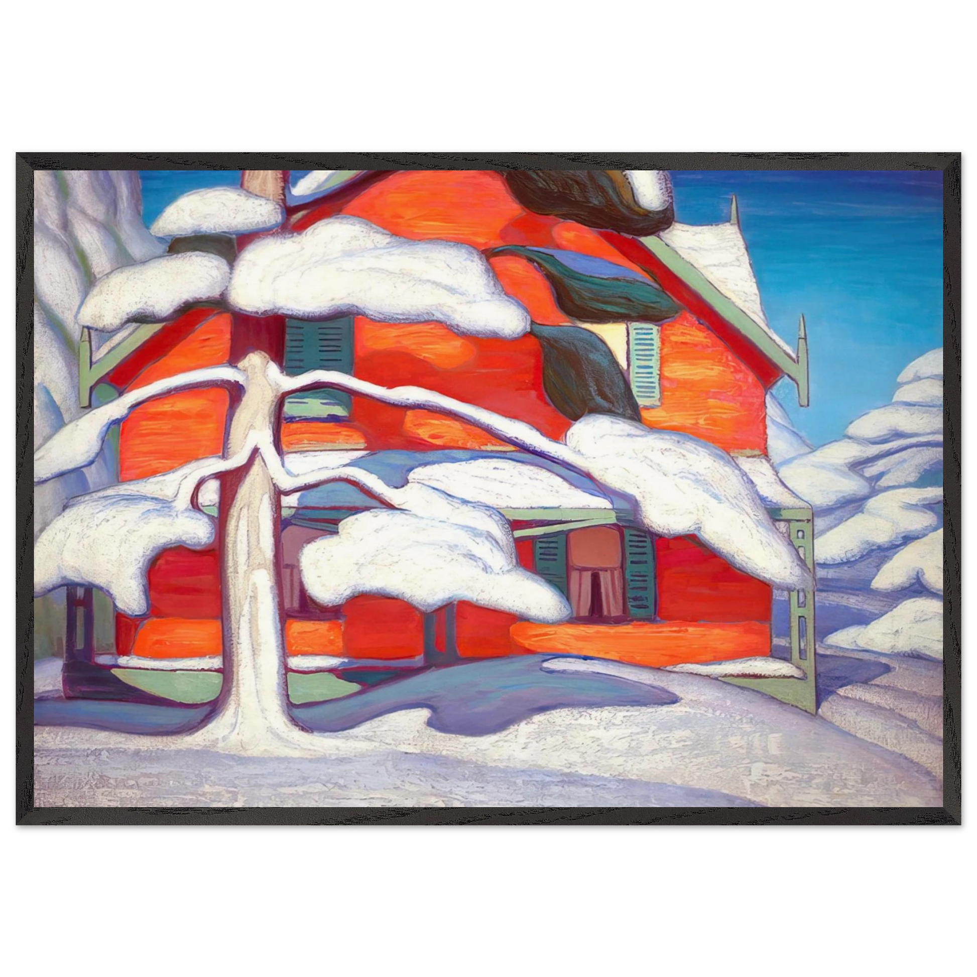 Pine Tree and Red House Winter City - 1924 - Lawren Harris Framed Art Print – Black Wooden Frame - Default Title - -Framed Art Print