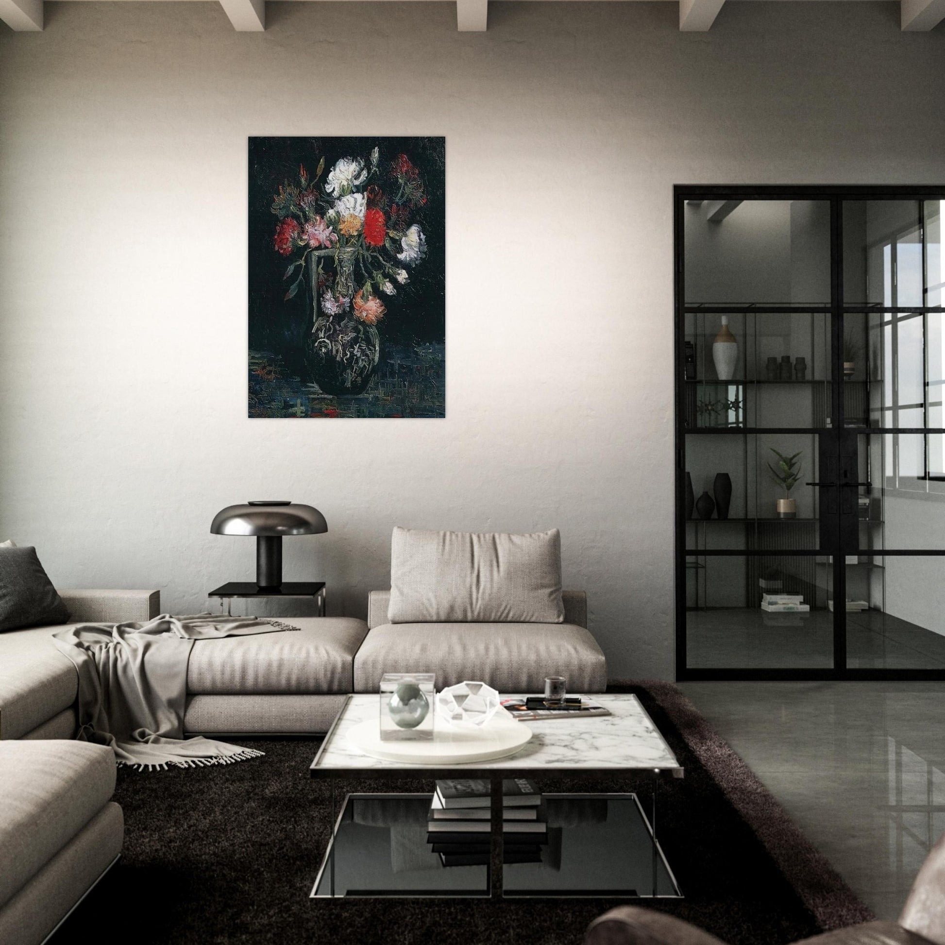 Vase with White and Red Carnations - Vincent van Gogh Brushed Aluminum Print - 70x100 cm / 28x40 inches | Vincent van Gogh Aluminum Print | Vincent van Gogh Prints