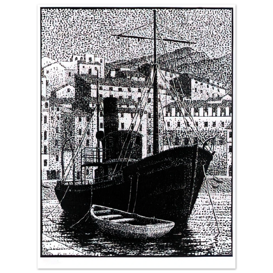 MC Escher - TUGBOAT OLD HARBOR OF BASTIA JANUARY 1934 1934 Wall Art - 21x29.7 cm / 8x12" - Fine Art Poster - -