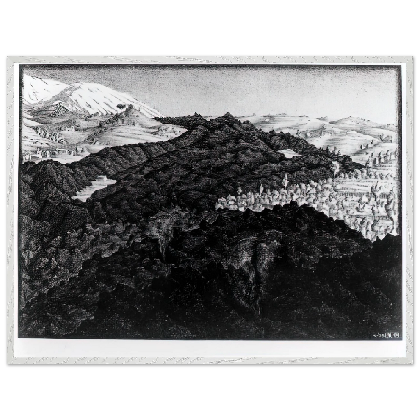 MC Escher - LAVA FLOW FROM ETNA Wall Art - 21x29.7 cm / 8x12" - Premium Wooden Framed Poster With Fine Art Paper - White frame