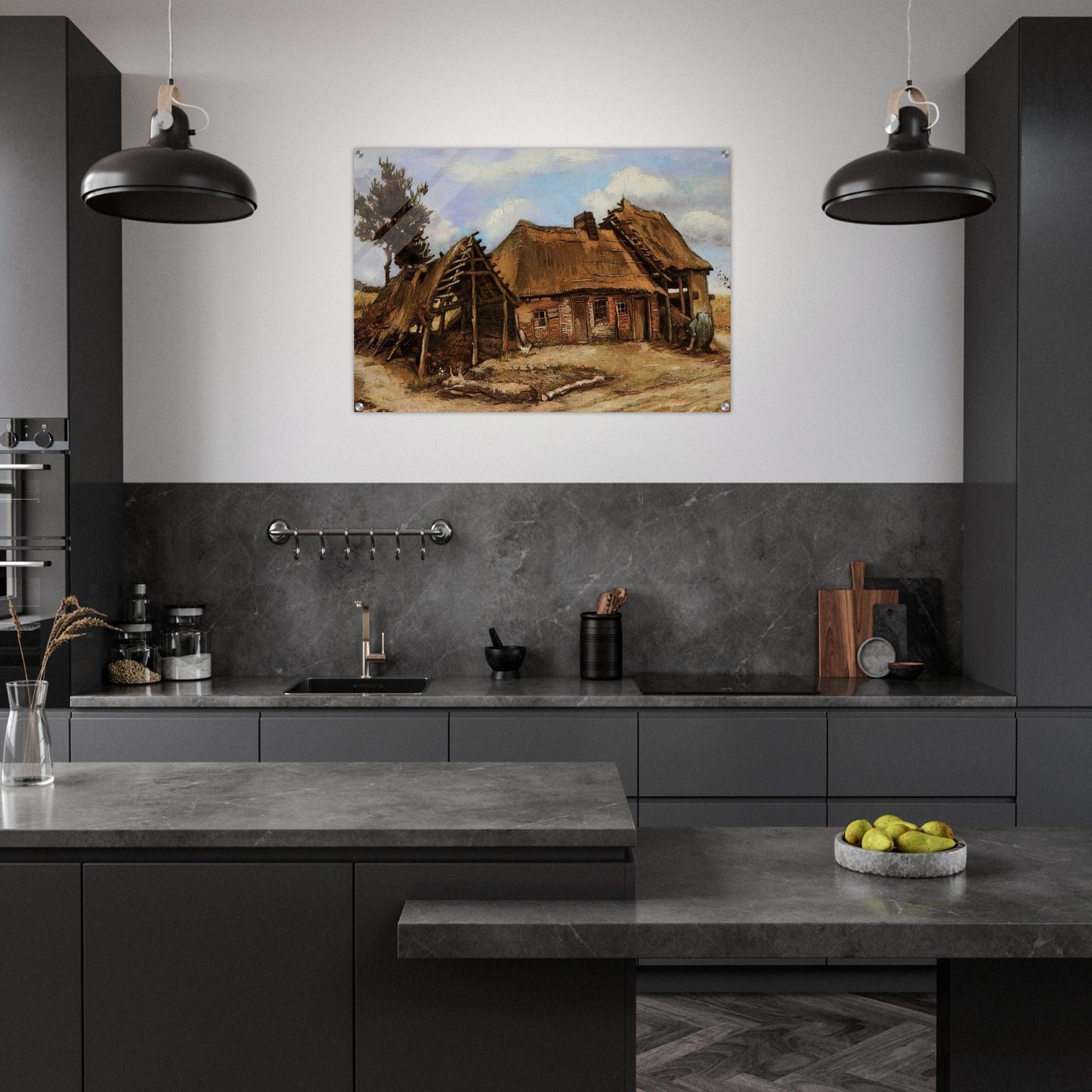 Cottage with Decrepit Barn and Stooping Woman - Vincent van Gogh Acrylic Print - 70x100 cm / 28x40″ inches