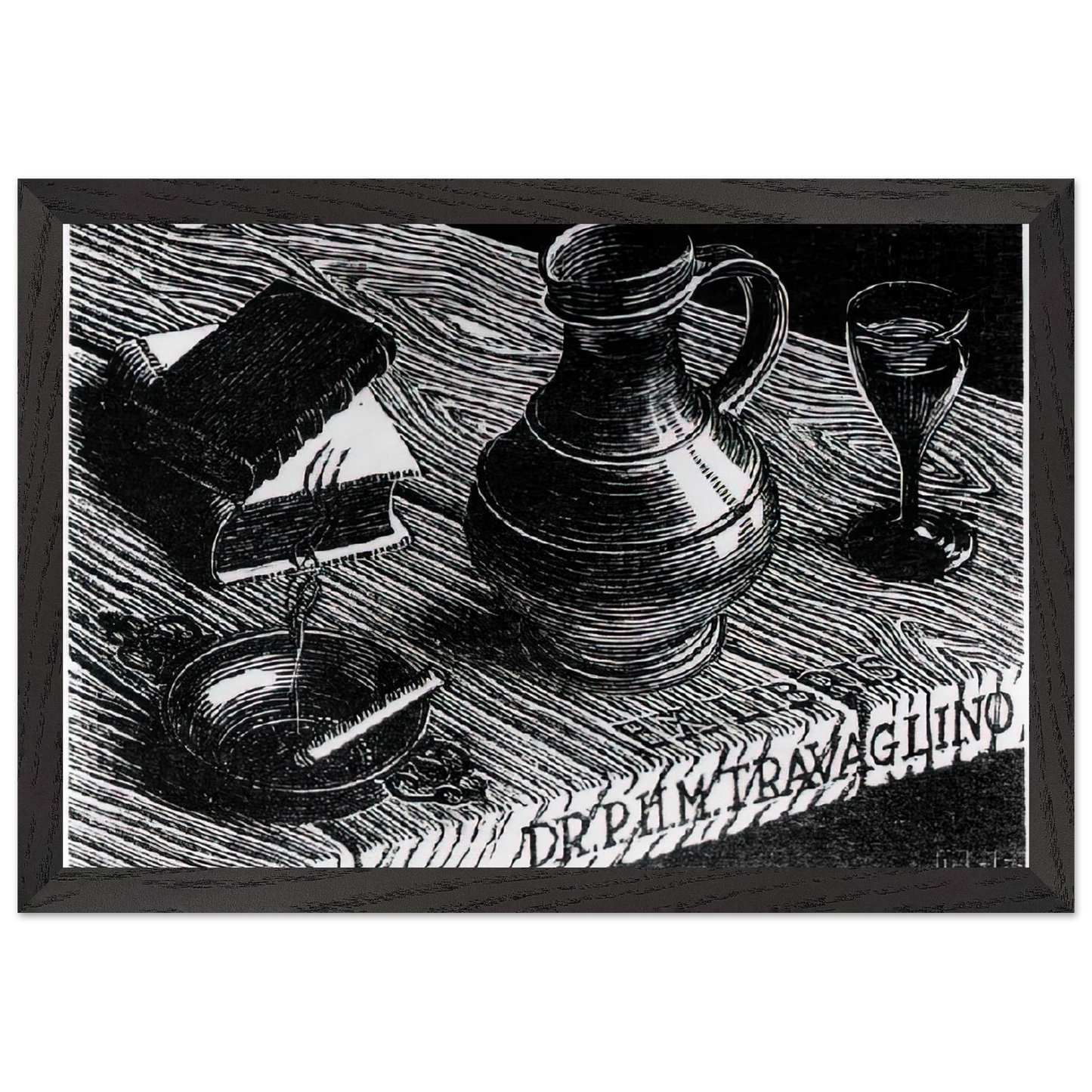 MC Escher - BOOKPLATE DR P H M TRAVAGLINO Wall Art - 30x40 cm / 12x16 inches - Premium Wooden Framed Poster With Fine Art Paper - Black frame