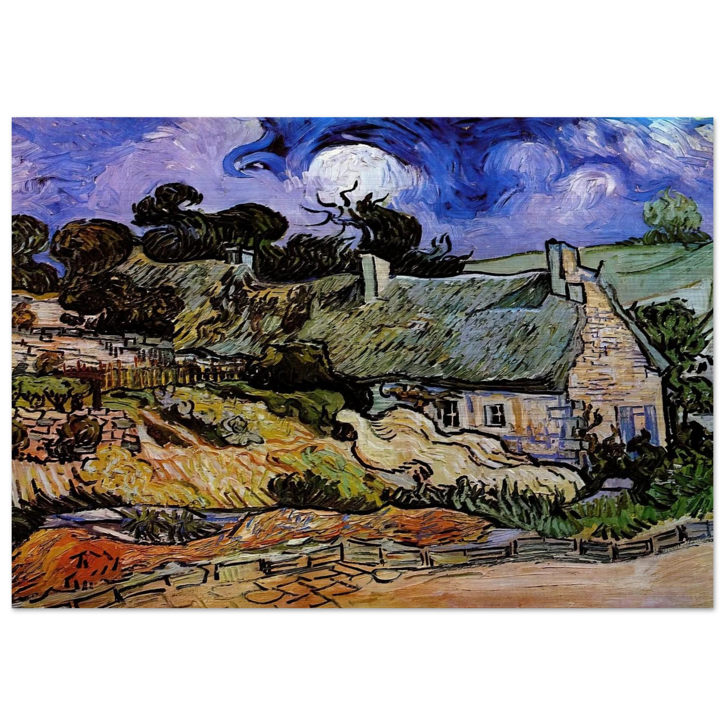 Houses with Thatched Roofs, Cordeville - Vincent van Gogh Brushed Aluminum Print - 70x100 cm / 28x40 inches | Vincent van Gogh Aluminum Print | Vincent van Gogh Prints