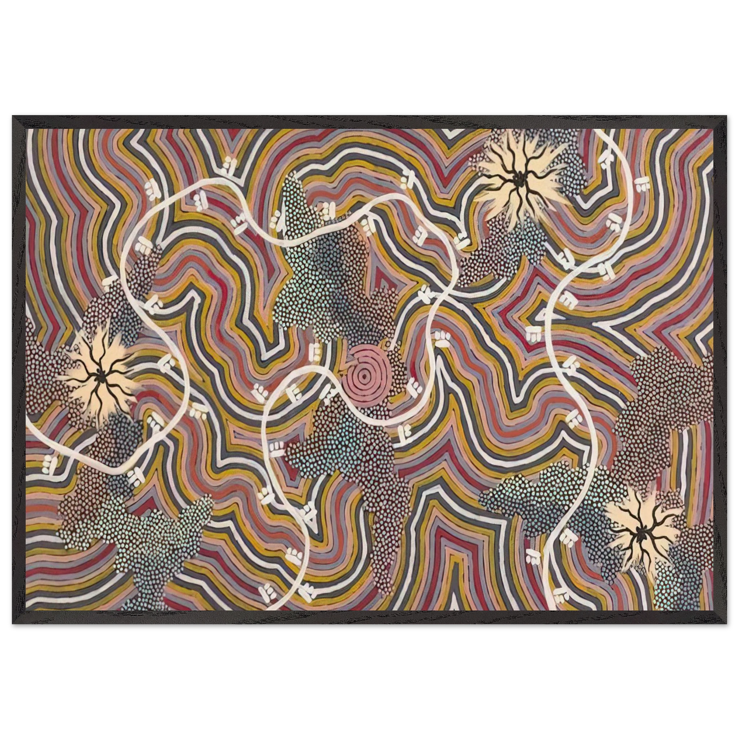 Possum Dreaming - 1996 - Clifford Possum Tjapaltjarri Framed Art Print – Black Wooden Frame - Default Title - -Framed Art Print