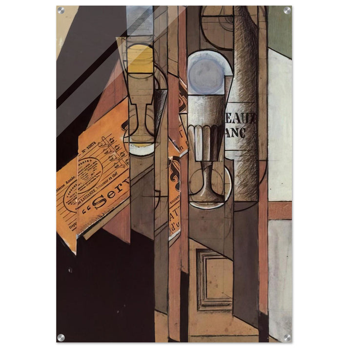 GLASSES NEWSPAPER AND BOTTLE OF WINE - Juan Gris Acrylic Print - 70x100 cm / 28x40″ inches
