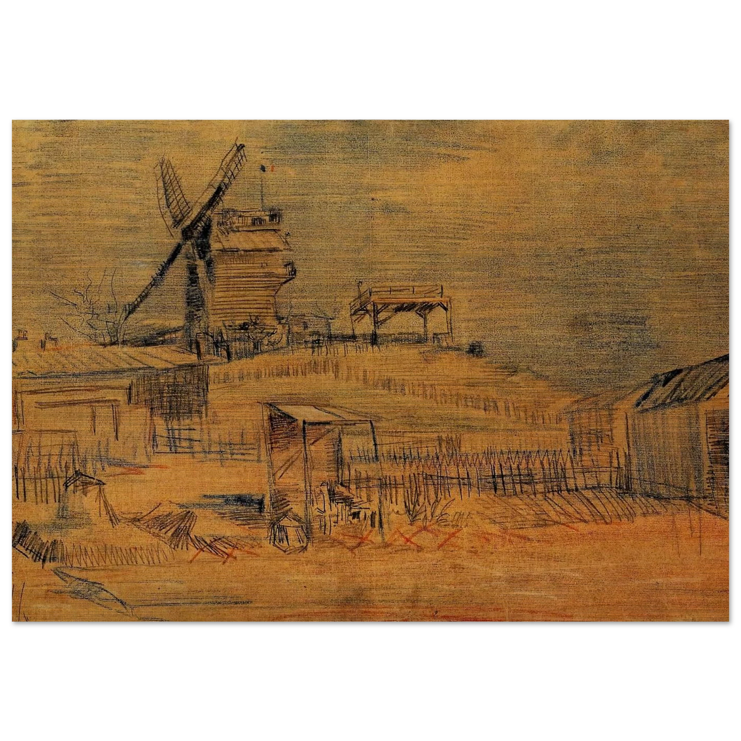 Gardens on Montmartre and the Blute-Fin Windmill - Vincent van Gogh Brushed Aluminum Print - 70x100 cm / 28x40 inches | Vincent van Gogh Aluminum Print | Vincent van Gogh Prints