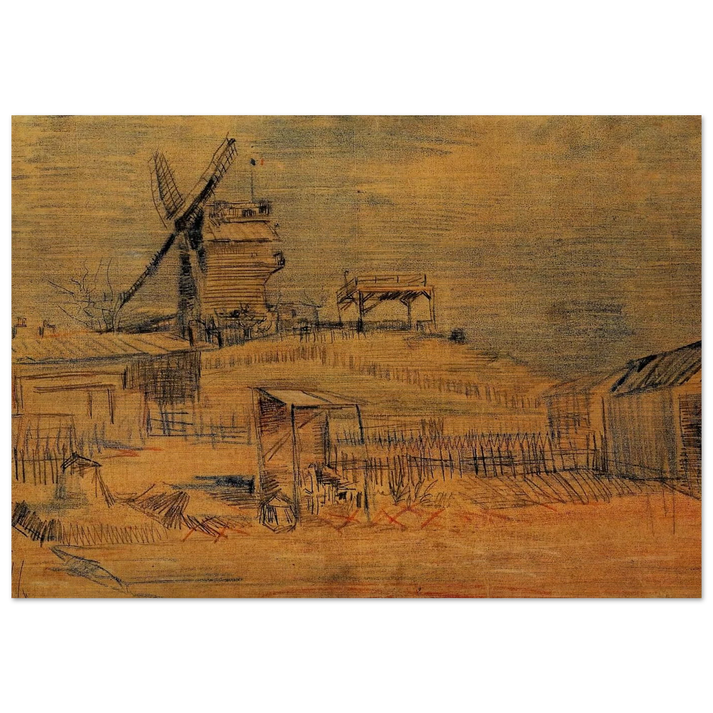 Gardens on Montmartre and the Blute-Fin Windmill - Vincent van Gogh Brushed Aluminum Print - 70x100 cm / 28x40 inches | Vincent van Gogh Aluminum Print | Vincent van Gogh Prints