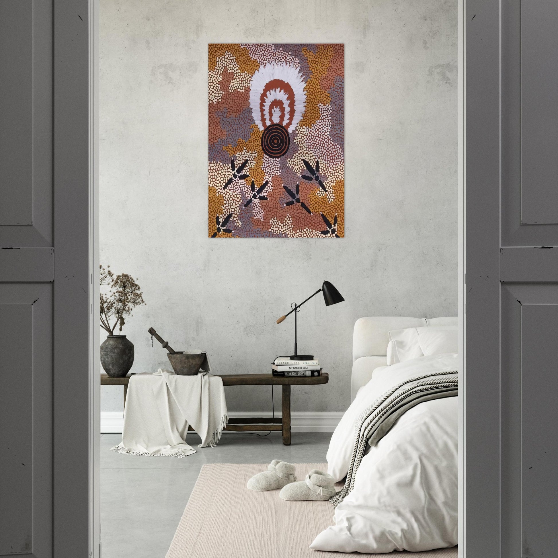 Eagle Dreaming at Mt. Allan - 1989 - Clifford Possum Tjapaltjarri Brushed Aluminum Print - 70x100 cm / 28x40 inches | Clifford Possum Tjapaltjarri Aluminum Print | Clifford Possum Tjapaltjarri Prints