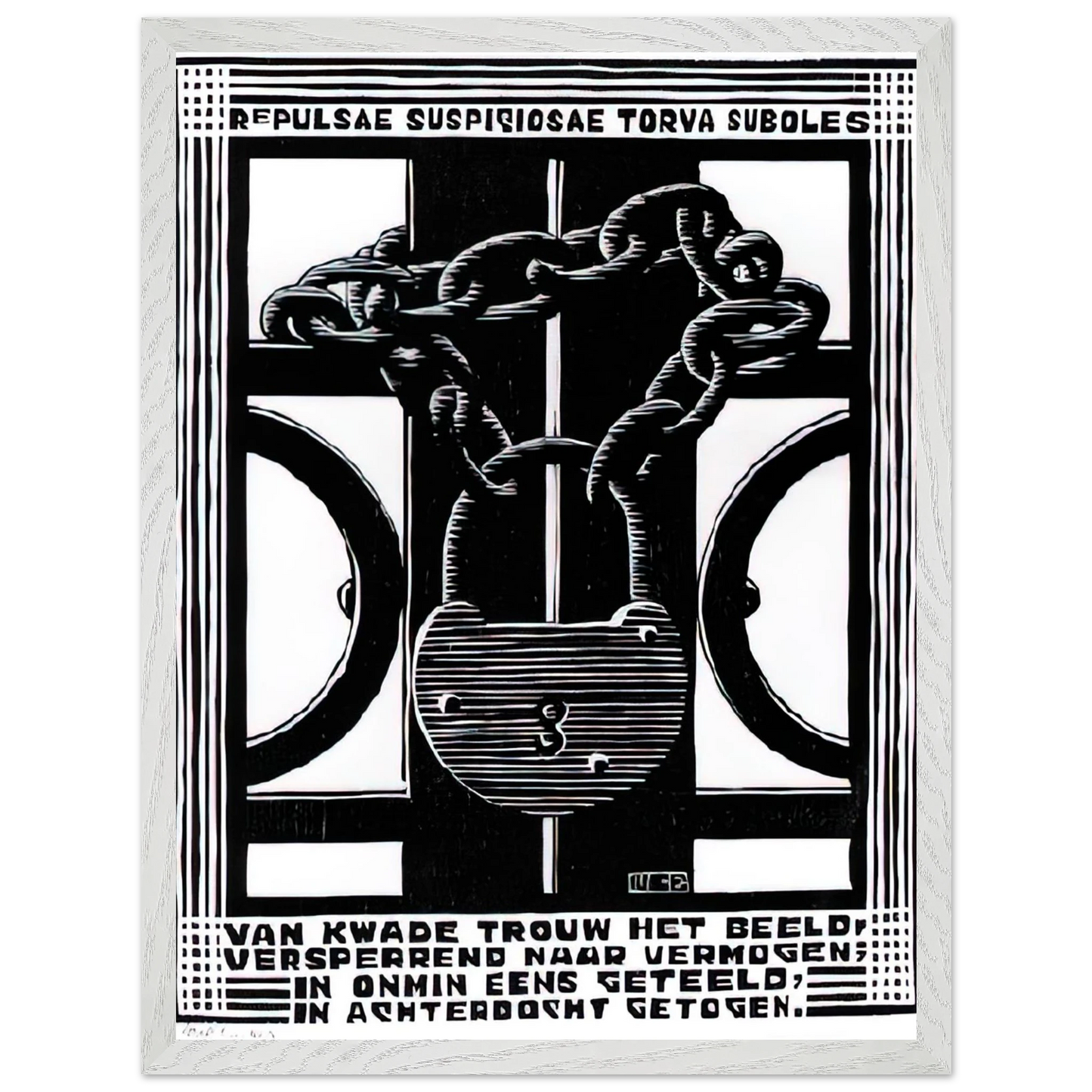 MC Escher - PADLOCK Wall Art - 21x29.7 cm / 8x12" - Premium Wooden Framed Poster With Fine Art Paper - White frame