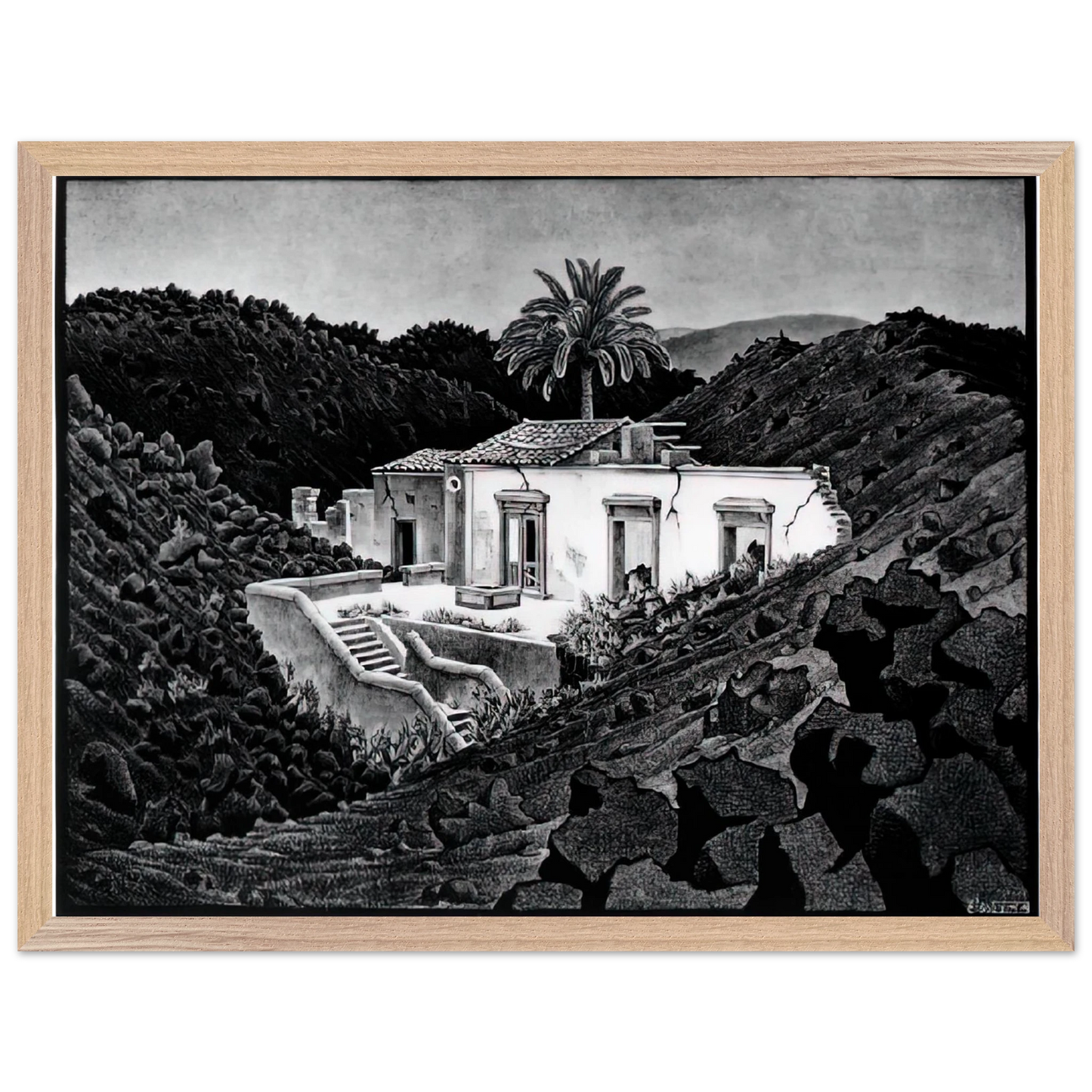 MC Escher - HOUSE IN THE LAVA NEAR NUNZIATA Wall Art - 30x40 cm / 12x16 inches - Premium Wooden Framed Poster With Fine Art Paper - Black frame