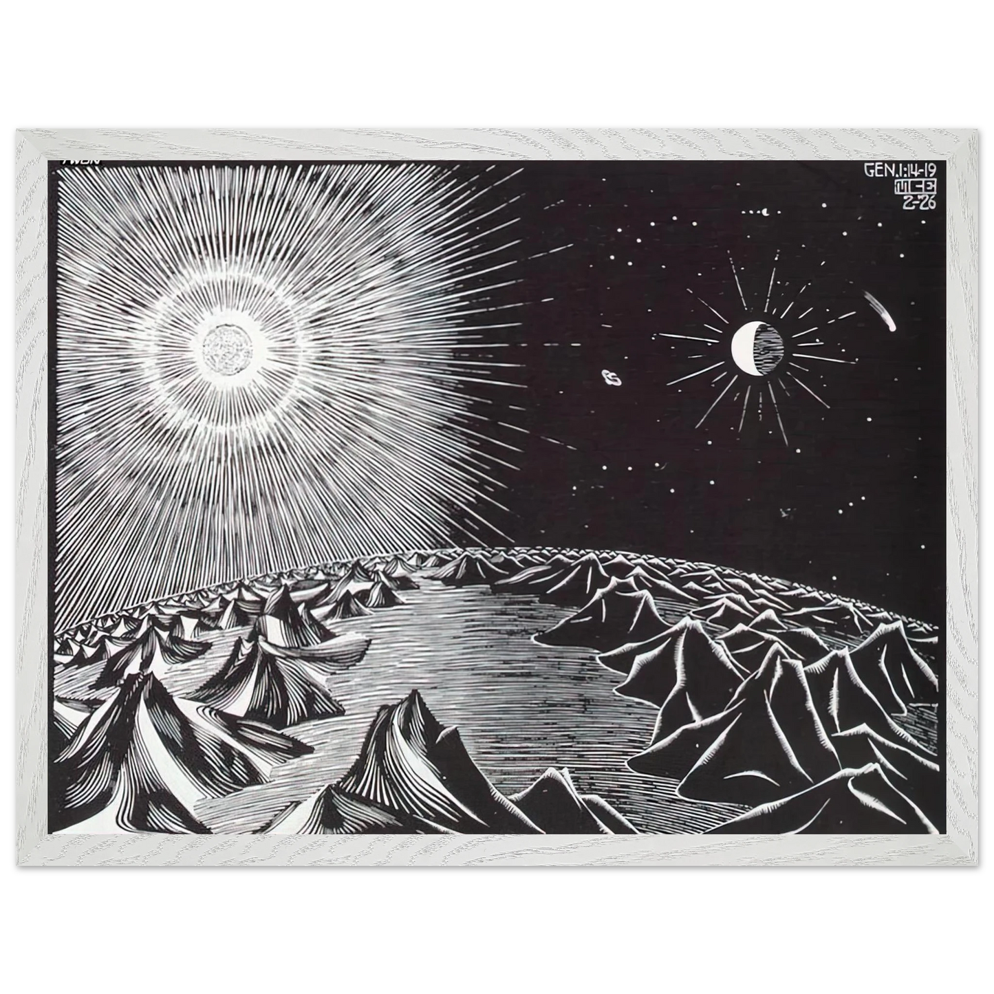 MC Escher - THE 4TH DAY OF THE CREATION Wall Art - 21x29.7 cm / 8x12" - Premium Wooden Framed Poster With Fine Art Paper - White frame