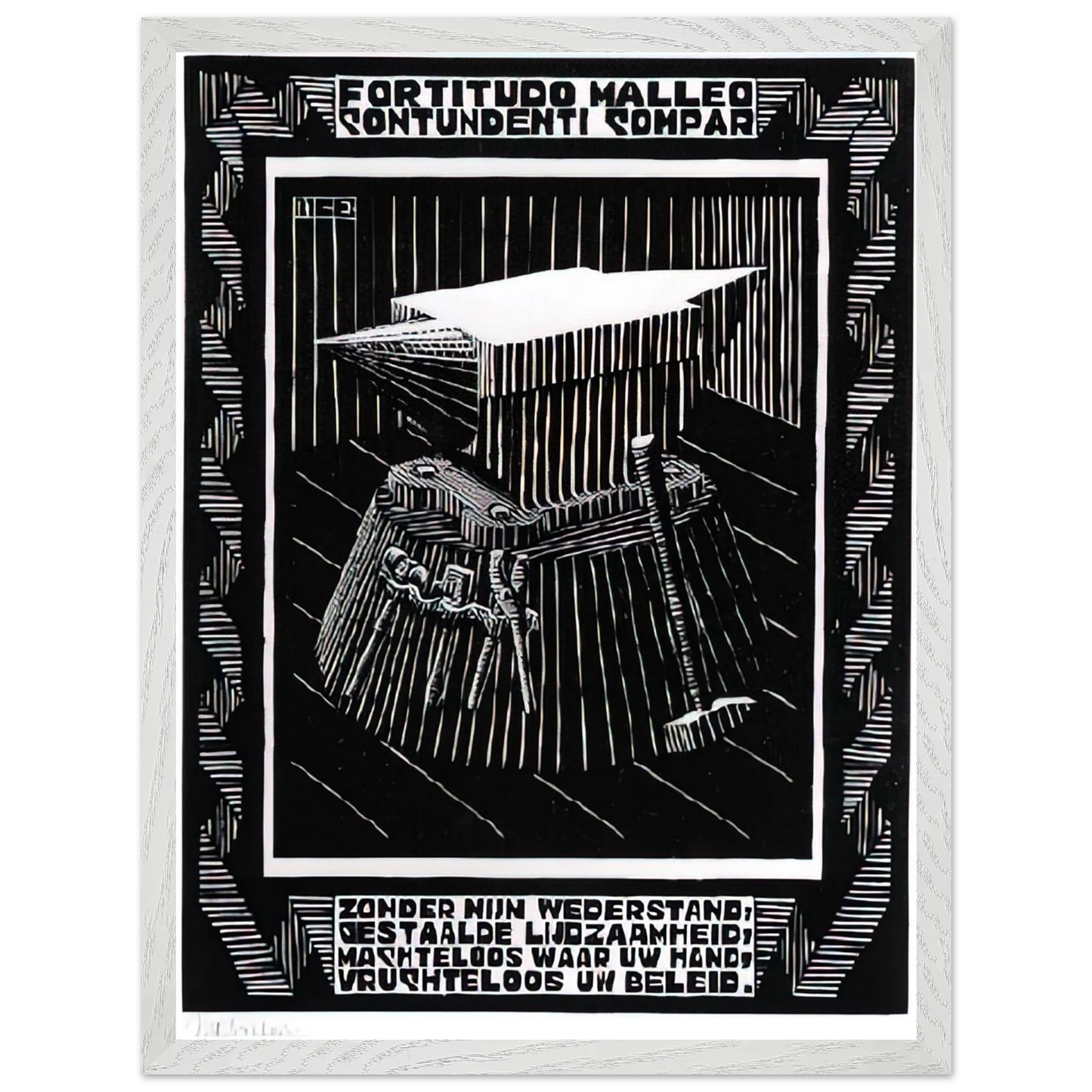 MC Escher - EMBLEMATA ANVIL Wall Art - 30x40 cm / 12x16 inches - Premium Wooden Framed Poster With Fine Art Paper - White frame