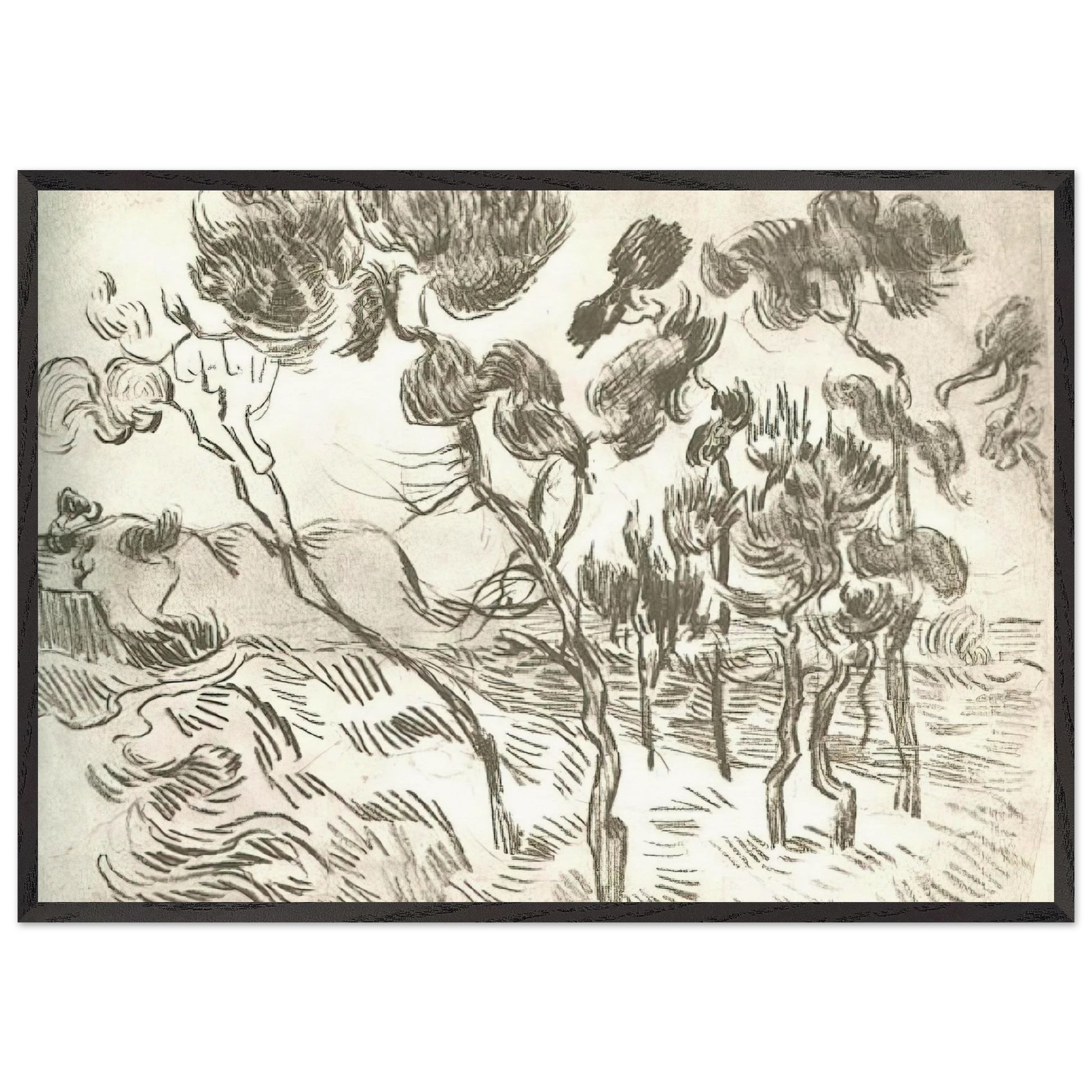 A Group of Pine Trees near a House - Vincent van Gogh Framed Art Print – Black Wooden Frame - Default Title - -Framed Art Print