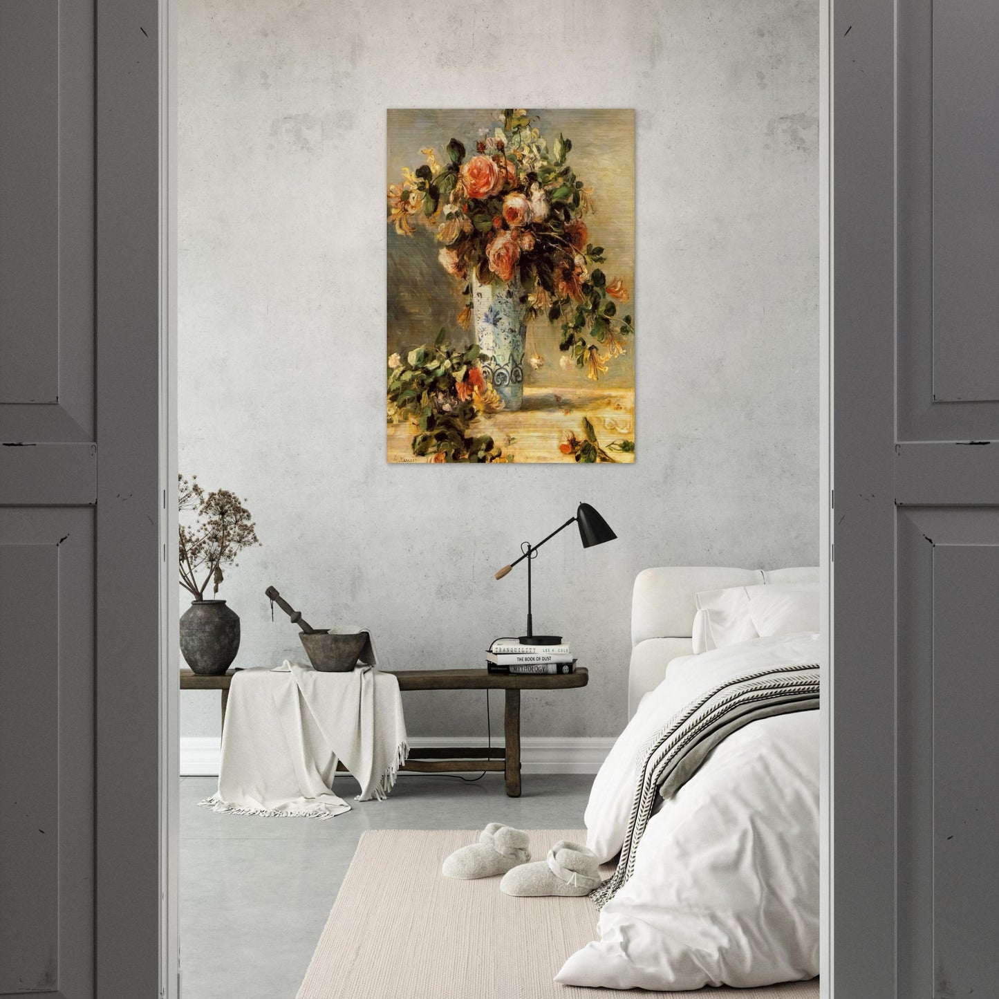Roses and Jasmine in a Delft Vase - Pierre-Auguste Renoir Brushed Aluminum Print - 70x100 cm / 28x40 inches | Pierre-Auguste Renoir Aluminum Print | Pierre-Auguste Renoir Prints