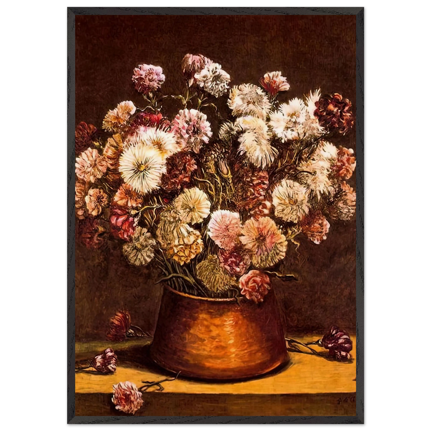STILL LIFE WITH FLOWERS IN COPPER BOWL - Giorgio de Chirico Framed Art Print – Black Wooden Frame - Default Title - -Framed Art Print