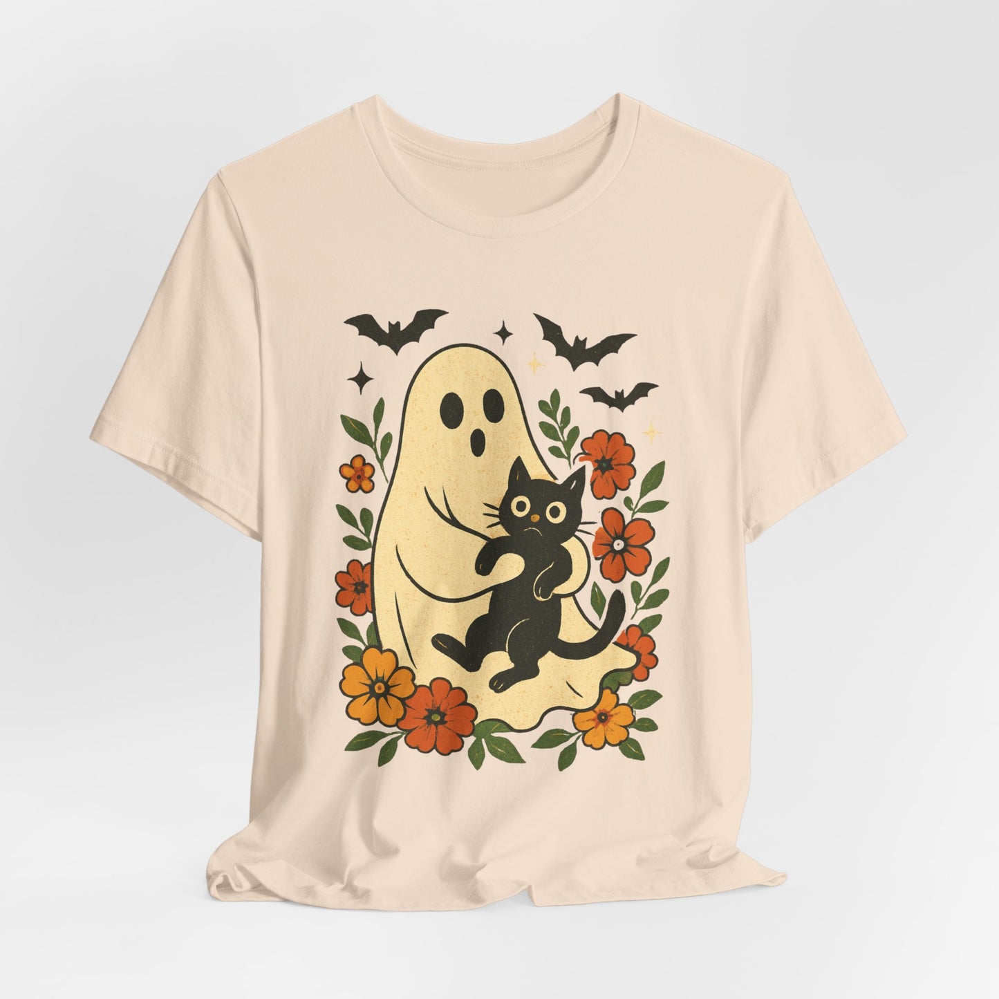 Fantasma Spettrale che tiene un Gatto Nero Fiori Groovy Halloween