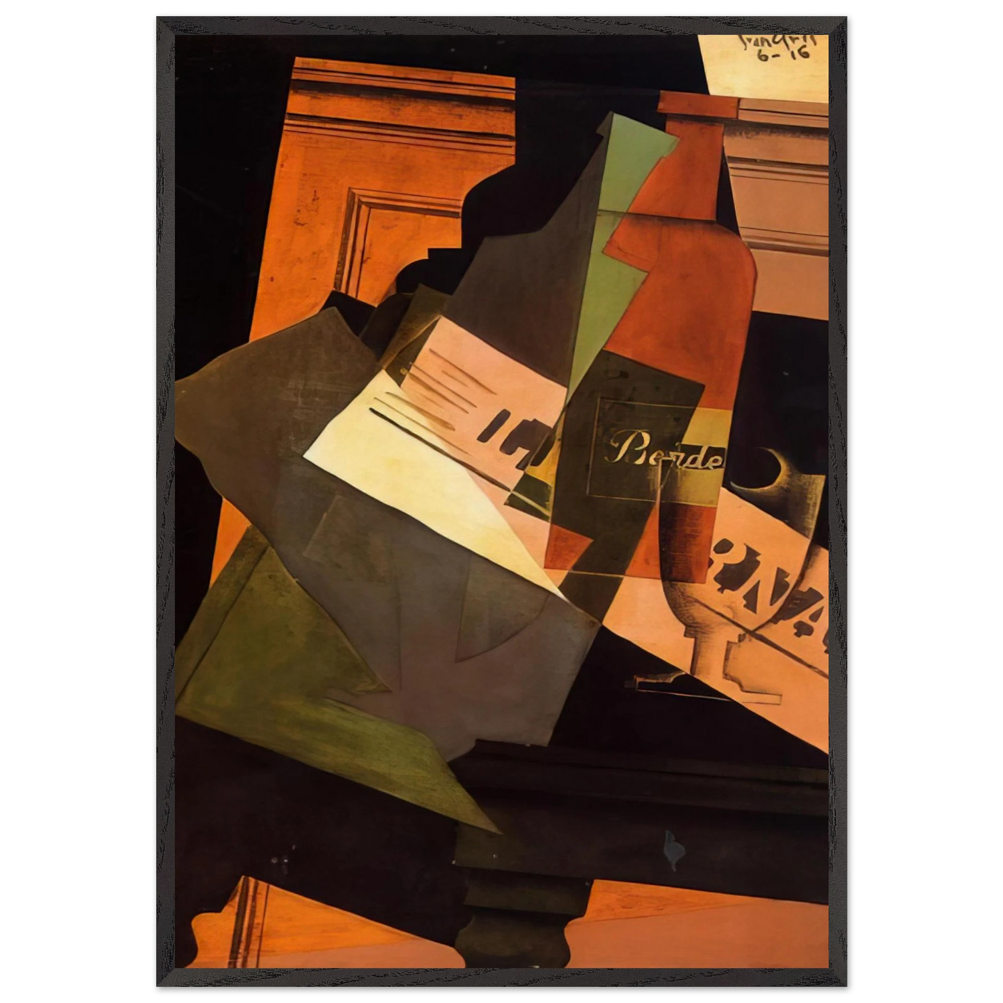 BOTTLE GLASS AND NEWSPAPER - Juan Gris Framed Art Print – Black Wooden Frame - Default Title - -Framed Art Print