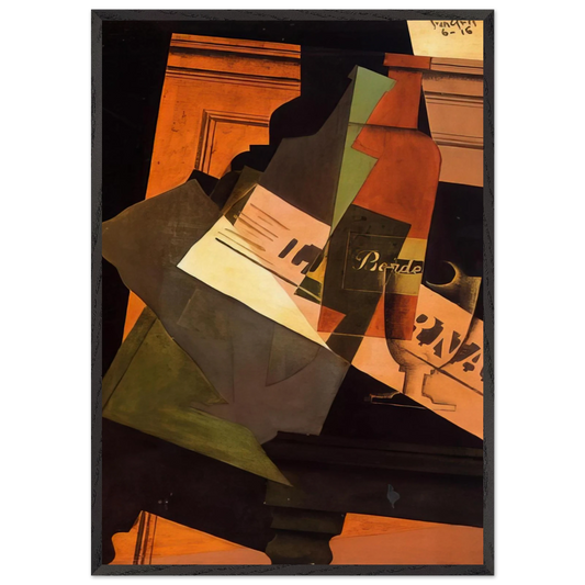 BOTTLE GLASS AND NEWSPAPER - Juan Gris Framed Art Print – Black Wooden Frame - Default Title - -Framed Art Print