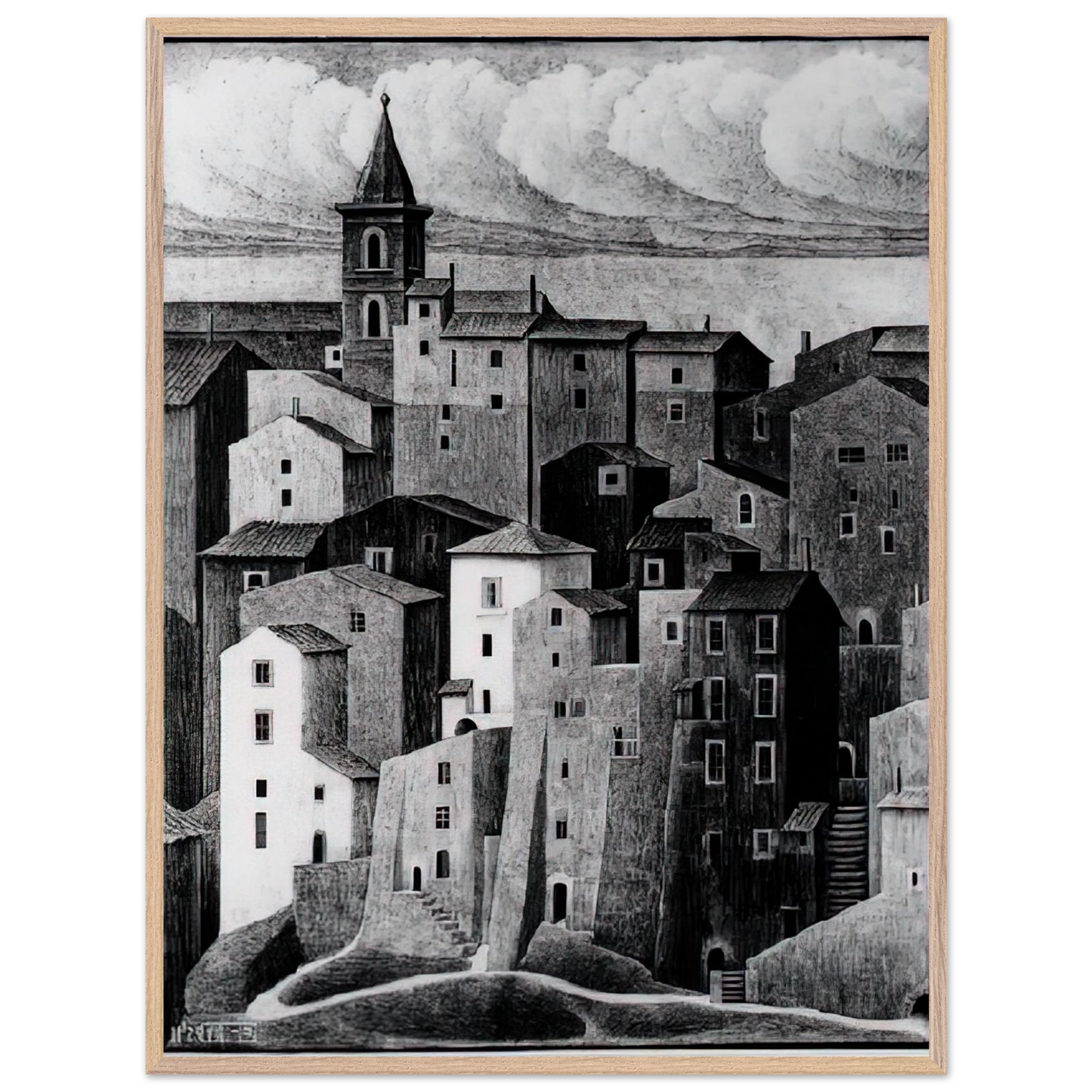 MC Escher - GENAZZANO ABRUZZI NOVEMBER 1929 1929 Wall Art - 60x80 cm / 24x32 inches - Premium Wooden Framed Poster With Fine Art Paper - Black frame