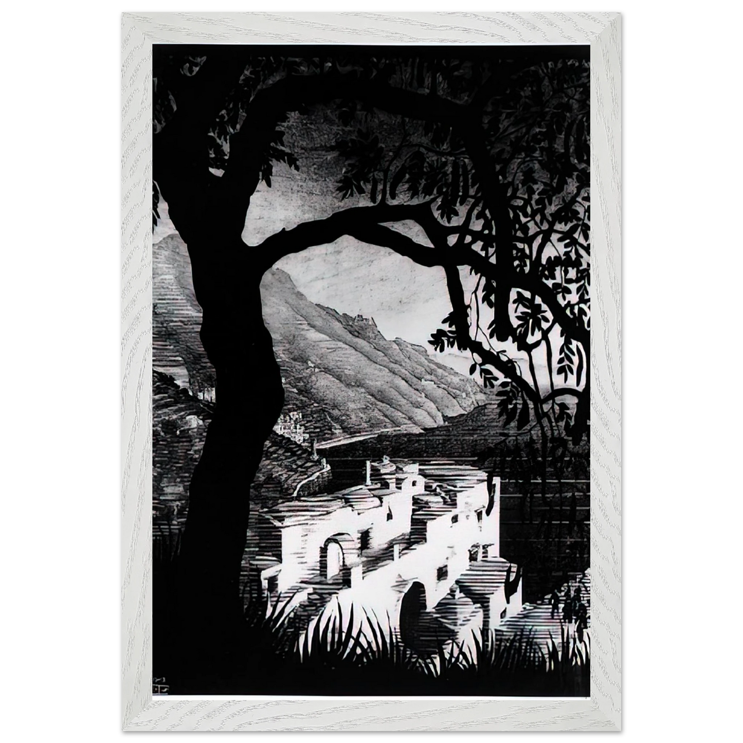 MC Escher - COAST OF AMALFI Wall Art - 21x29.7 cm / 8x12" - Premium Wooden Framed Poster With Fine Art Paper - White frame