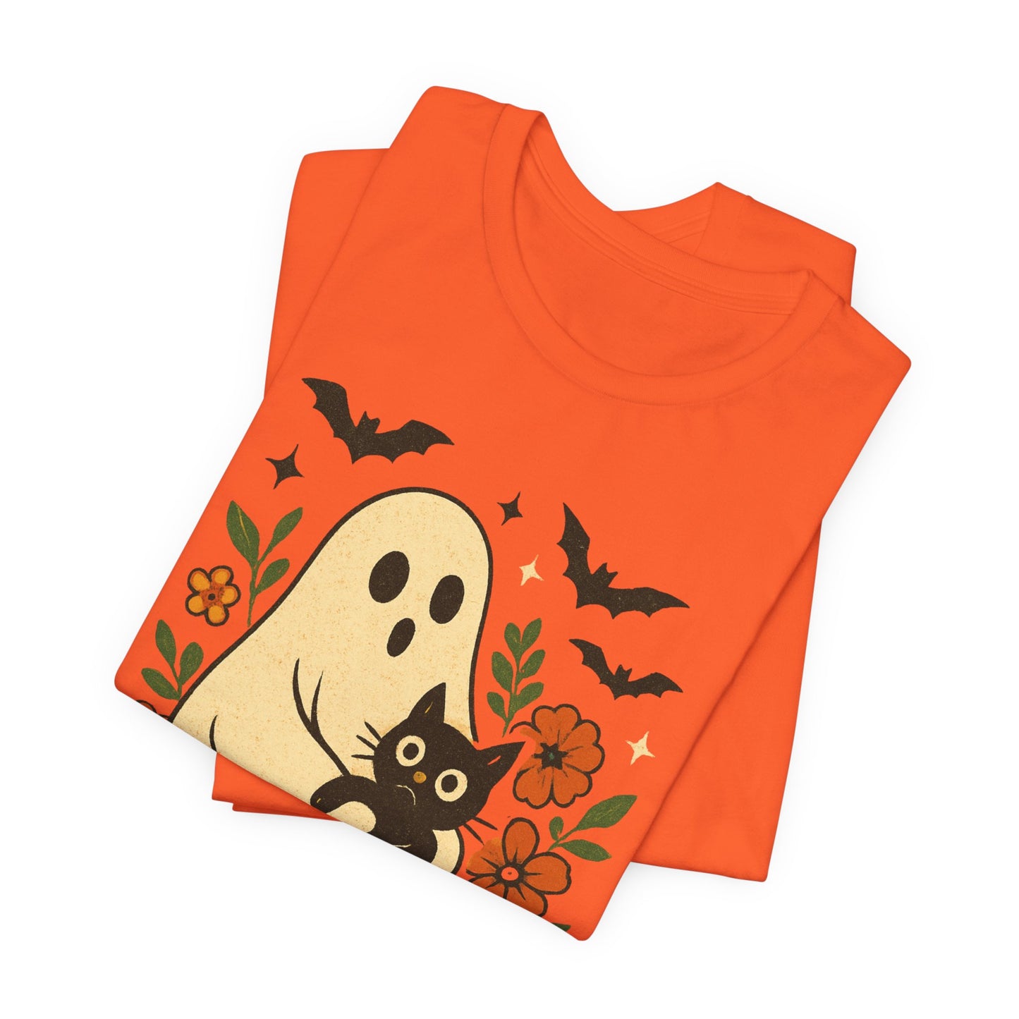 Fantasma Spettrale che tiene un Gatto Nero Fiori Groovy Halloween